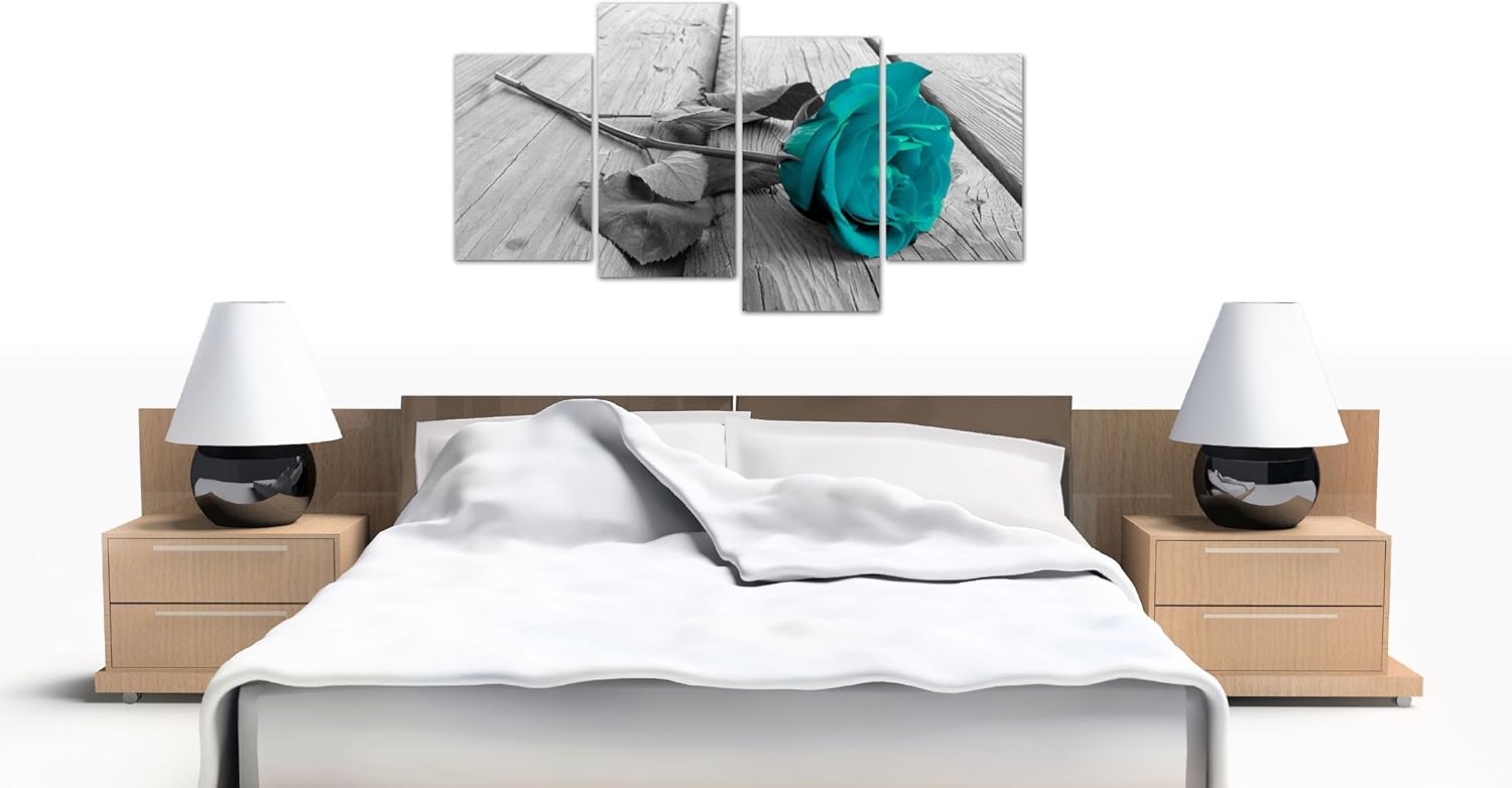 Exclusive Discount 90% Price Large Black White Teal Rose Floral Canvas Wall Art Pictures on Grey XL Split Set - Big Modern Flower Prints - Multi Panel Turquoise Artwork - XL - 130 cm Wide