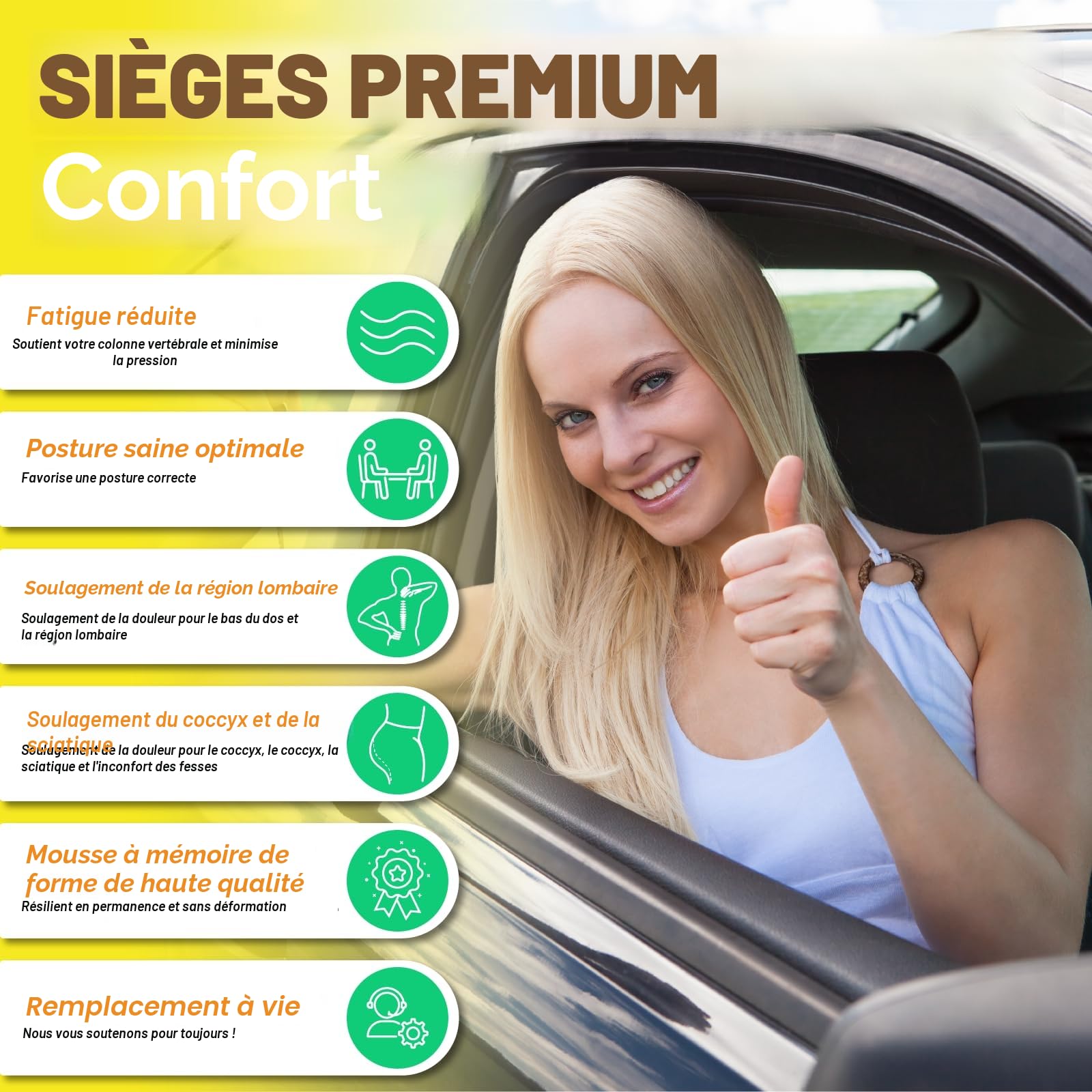 kingphenix Coussin de siège de voiture avec oreiller de soutien dorsal : Design en mousse à mémoire de forme pour un confort amélioré et un soulagement de la douleur, idéal pour les conducteurs et