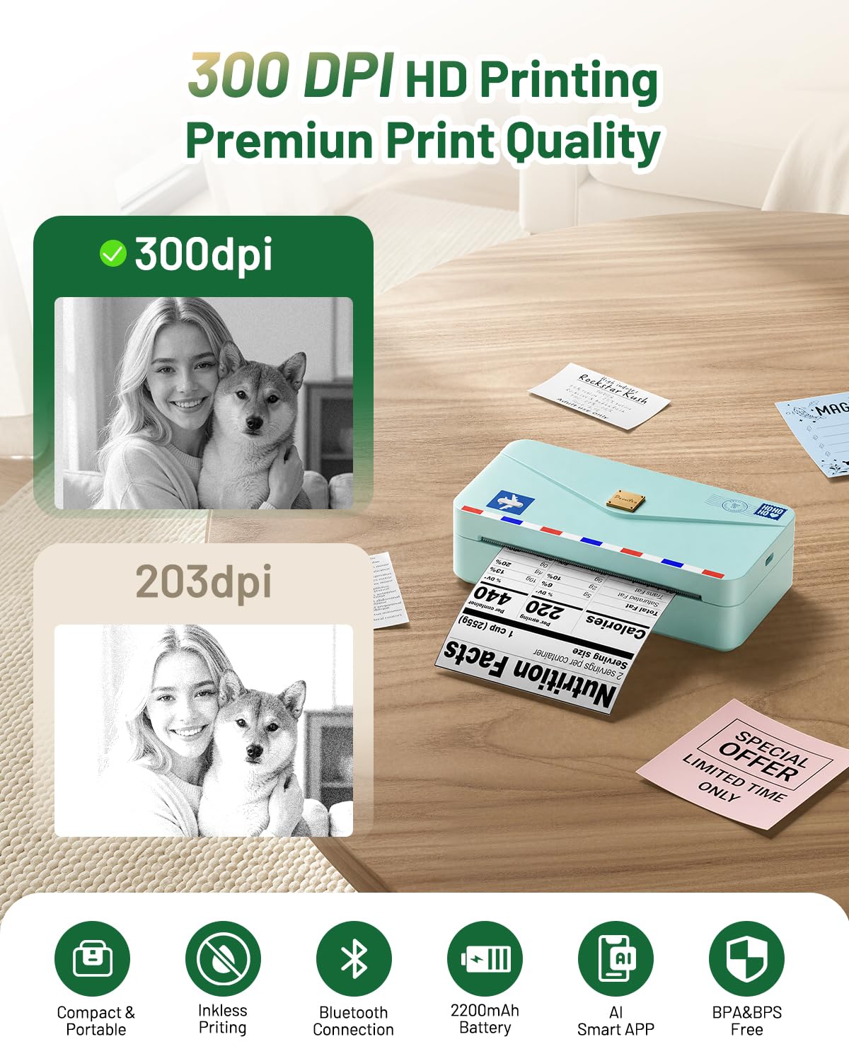 Phomemo M04AS Mini stampante 4" Mini stampante termica Bluetooth 15/53/80/110mm Larghezza di stampa, 300dpi, compatibile con iOS&Android, per documenti, immagini, note, etichette, adesivi (verde)