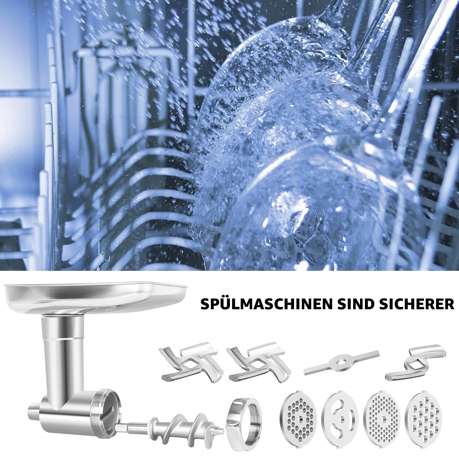Edelstahl Fleischwolf für KitchenAid Mixer, Fleischwolfaufsatz für Kitchenaid Standmixer, spülmaschinenfest