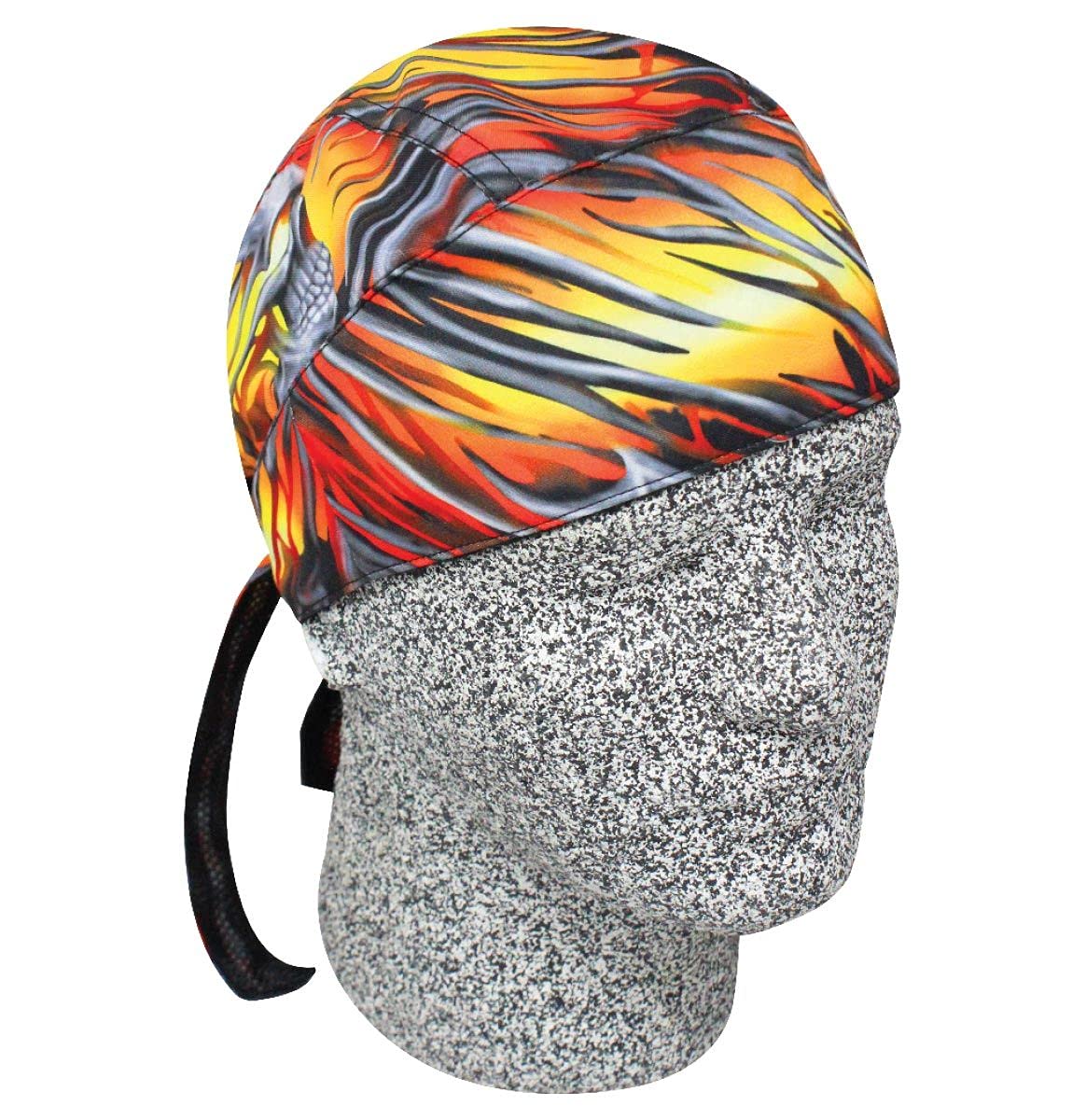 Neon Yellow Orange Black Silver Grey Pinstripe Flame and Skull Leaf Head Wrap Durag Doo Rag Biker Skull