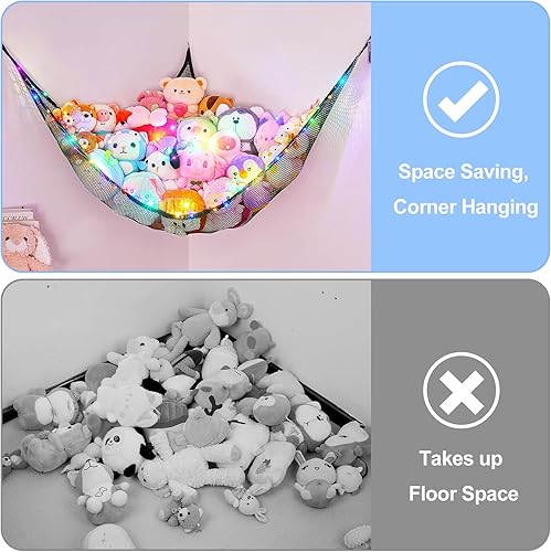 Miniatura 3 de Basumee Red de animales de peluche o hamaca con luz LED, hamaca de red de juguetes para almacenamiento de animales de peluche, hamacas para