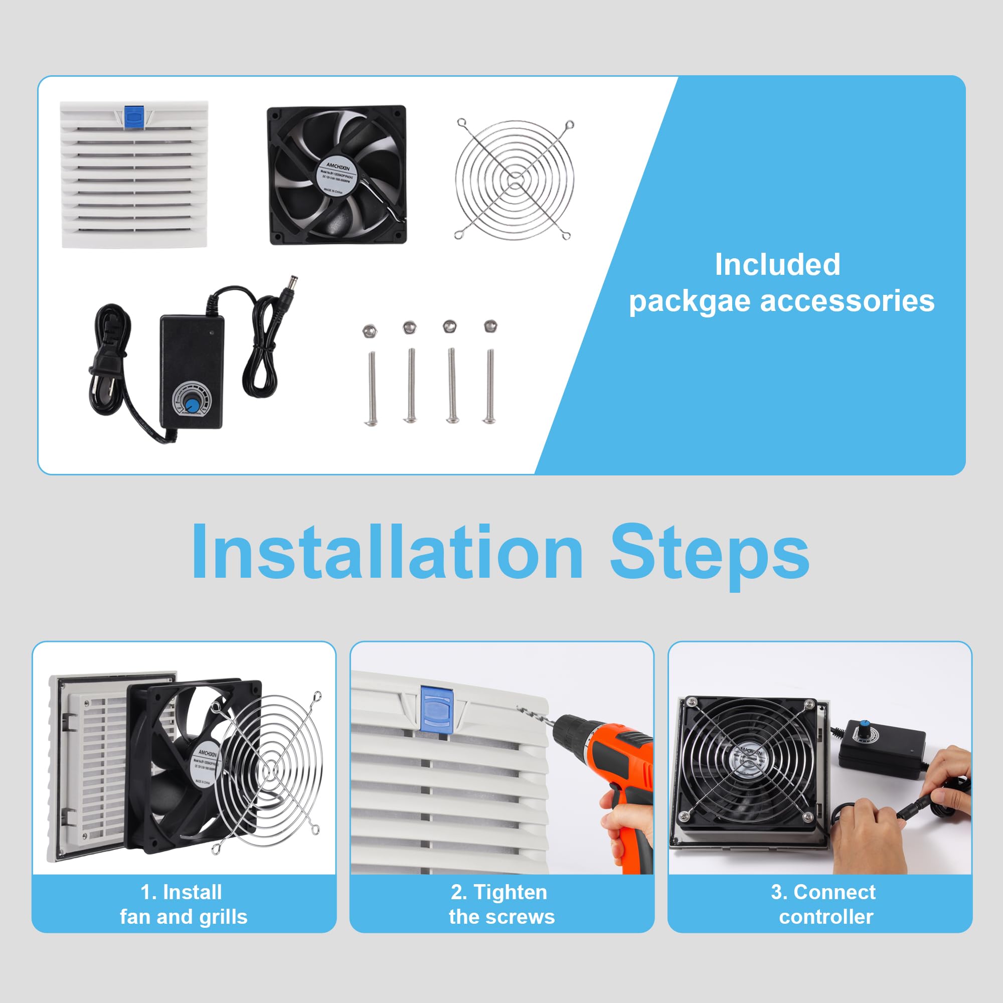Kit de filtro de ventilador de gabinete de 150 mm x 150 mm con potente ventilador de refrigeración de 120 mm x 38 mm y controlador de velocidad, impermeable para estantes de servidores, gabinetes