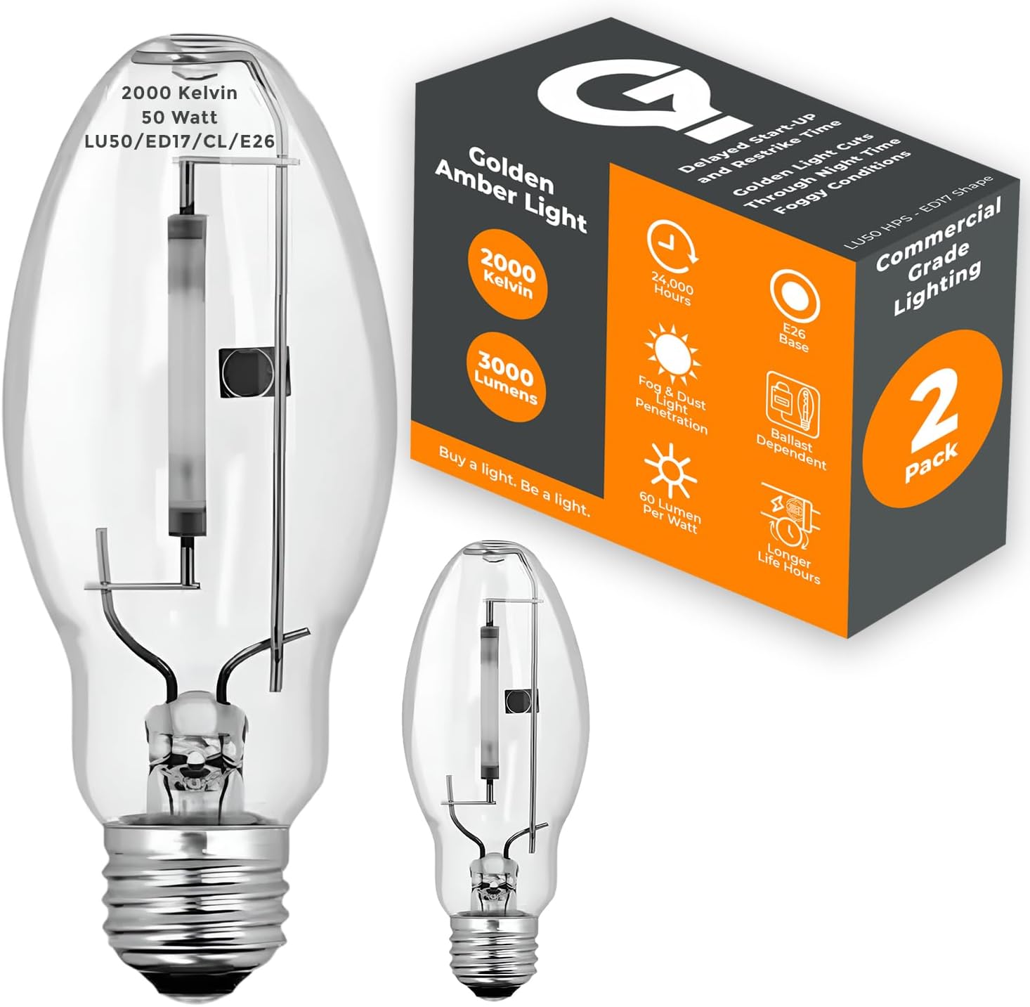 GoodBulb 50-Watt High Pressure Sodium HID Light Bulb E26 Medium Base ED17 ANSI Code S68 High Output HID Light 2000K Warm White Clear Finish 24000 Life Hours (Pack of 2)