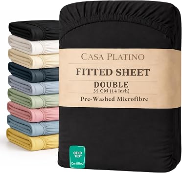 Casa Platino Fitted Sheet Double, Black - Pre-Washed, Deep Pocket 14 inch 35 cm - Easy Care - Soft Brushed Microfibre Fabric - Shrinkage and Fade Resistant - Bottom Sheet | 14 Inch35 cm Deep Pocket, All-Around Elastic, Breathable, Shrink-Resistant, Fade-Resistant, Durable, No-Slip, Airbnb