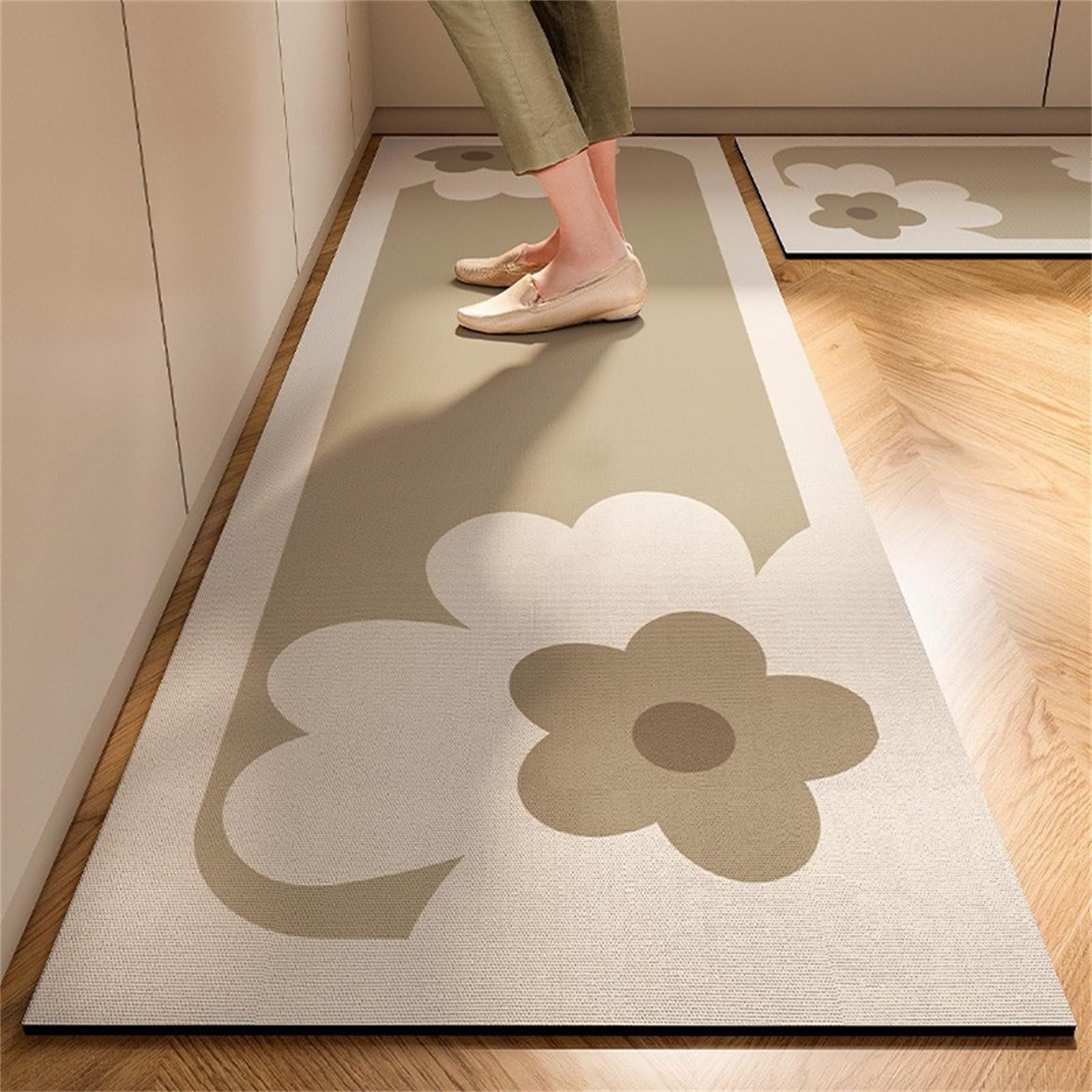 Highdi Kitchen Rug, Beige Lines Kitchen Mat Door Mat Kitchen Mats non Slip Washable, Water Absorbent Quick Drying Kitchen Rugs for Entryway, Laundry Room, Hallways (Floral,50x120cm)