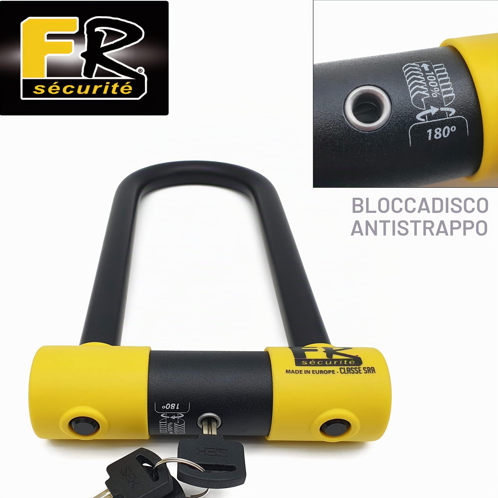 FR SECURITE FR85250 Lucchetto a U Alta Sicurezza Omologato SRA, Arco ø18 Acciaio Temperato Doppio Blocco Antigraffio, Serratura Antistrappo, U-lock Antifurto 85x250mm per Moto, Scooter, Bici