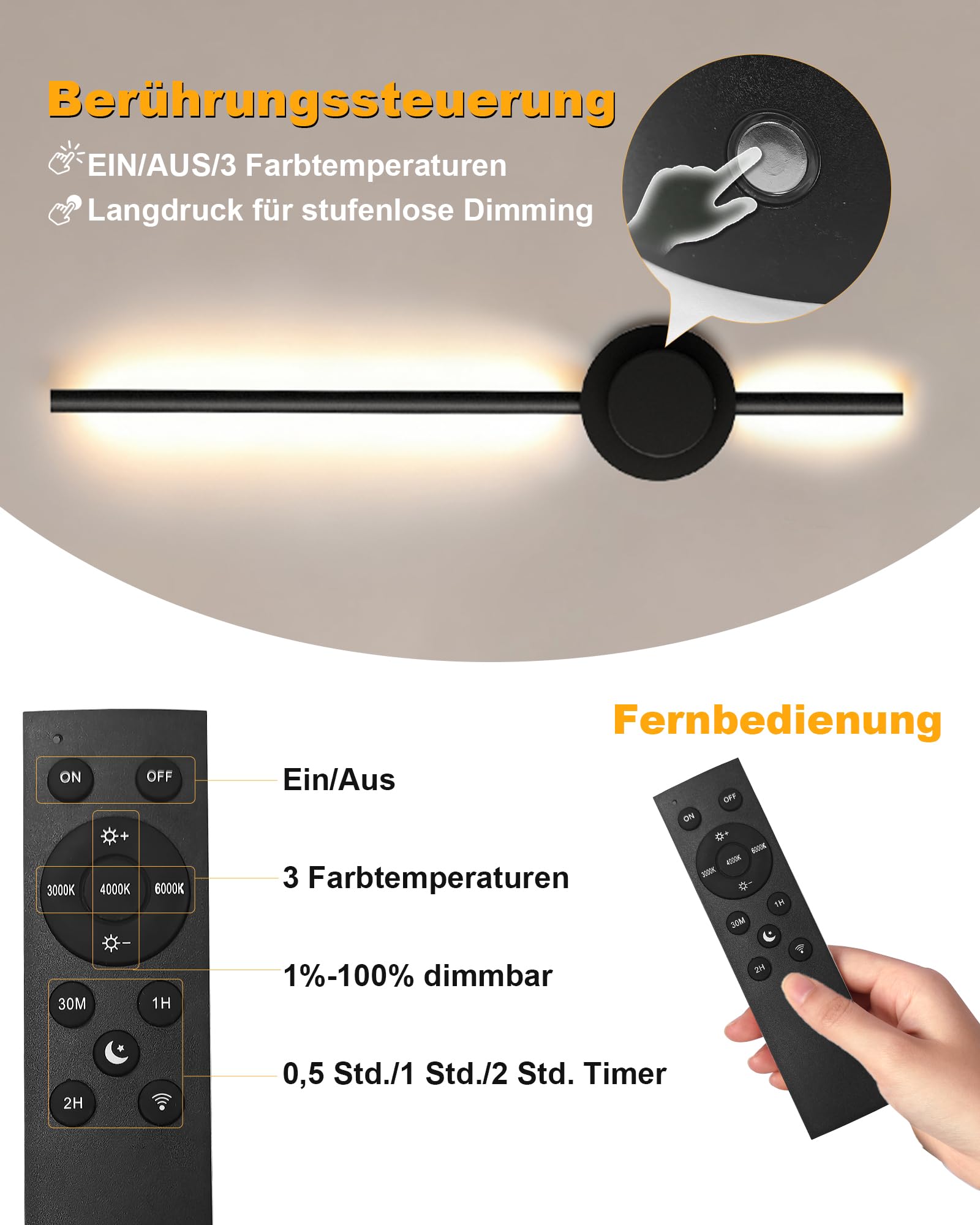 BRIMAX 2 Stück LED Akku Wandlampe Innen 70 cm Schwarz Kabellos | 3000–6500K, dimmbar, 5000mAh entnehmbarer Akku, Touch & Fernbedienung, moderne Wandleuchte für Wohnzimmer