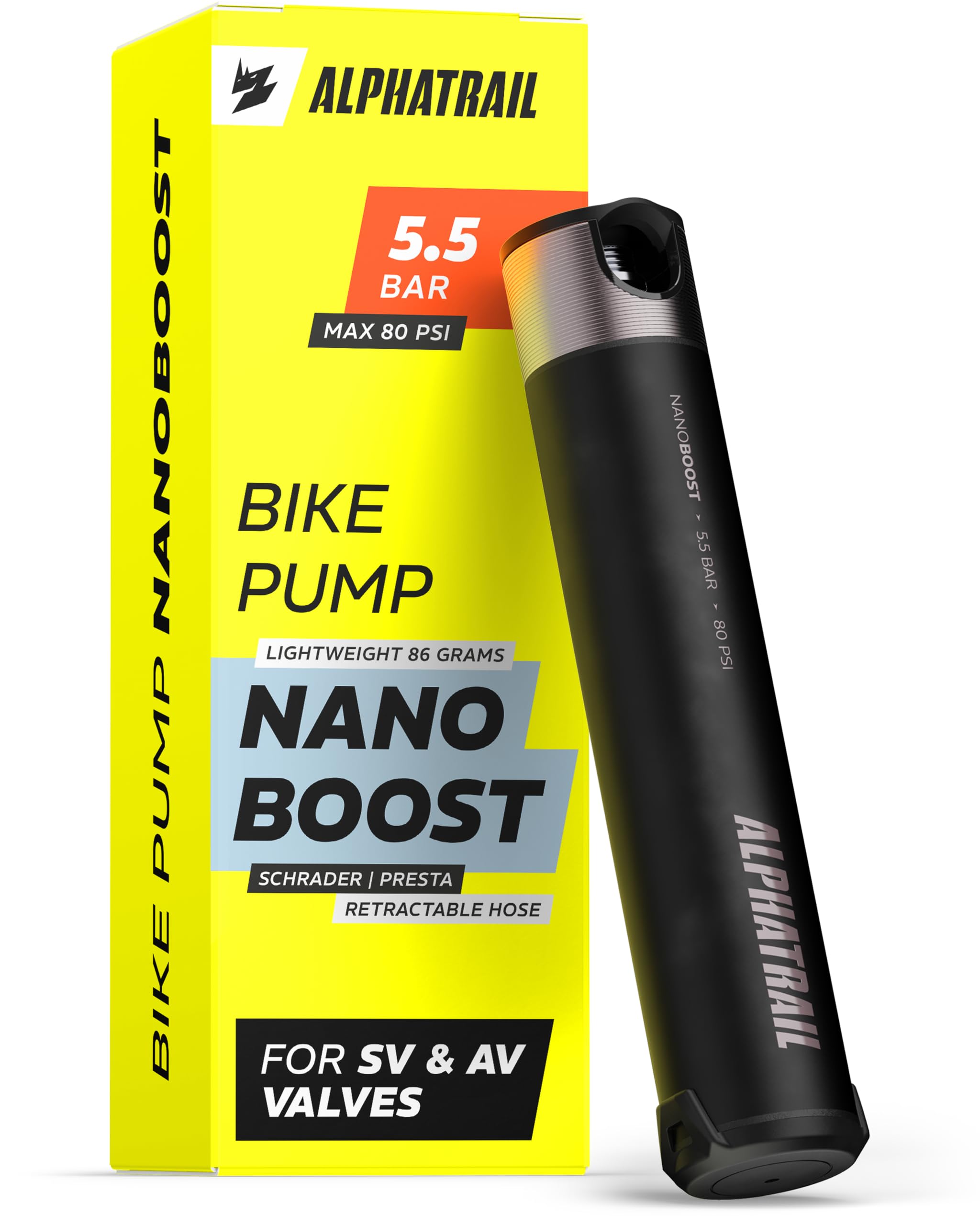 Alphatrail NanoBoost Bicycle Mini Pump, 80 PSI / 5.5 bar | Screw-On Flip-Twin Valve Head for Presta & Schrader/Auto | Lockable Extendable 90° Hose | 14 cm, 85.5 g, Frame Mount