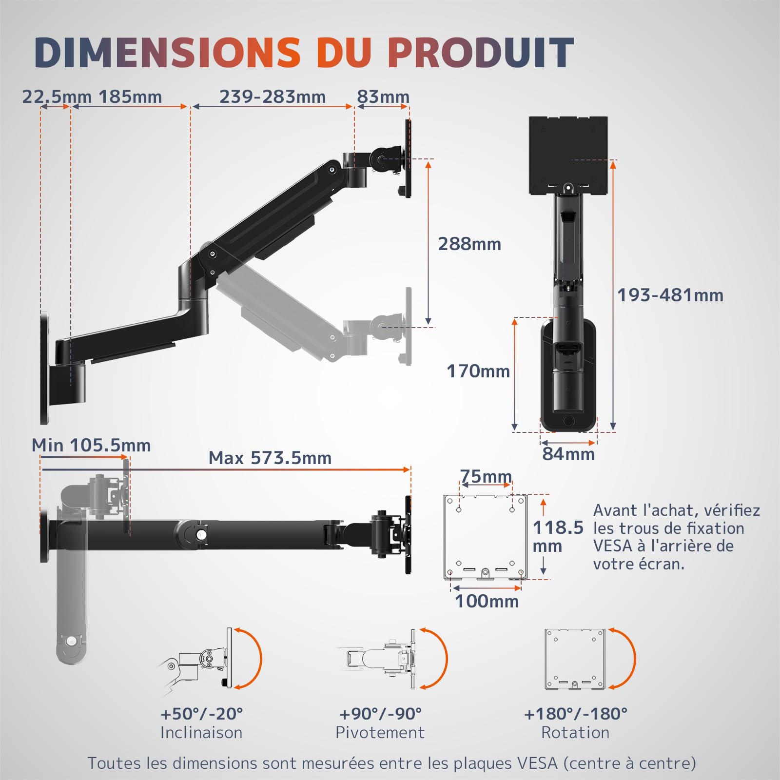 Support Mural Ecran PC pour Moniteurs de 17 à 49 Pouces, Bras Ecran PC à Ressort à Gaz, Inclinaison, Pivotement, Rotation et Hauteur Réglable, Max Load 20 KG, VESA 75/100 mm, Noir