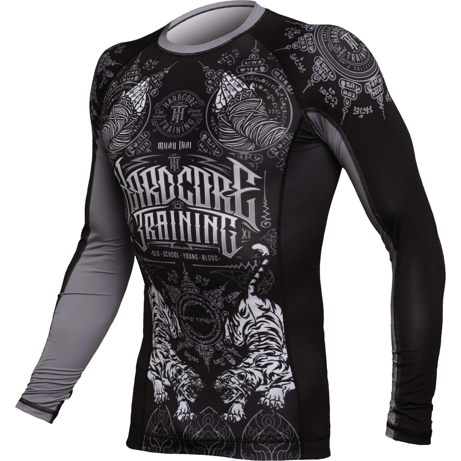 Hardcore Training Męska koszulka kompresyjna Rashguard, długie ramię Jiu Jitsu MMA No-Gi Enge BJJ Grappling warstwa bazowa walka, Srebrny, czarny, 4XL