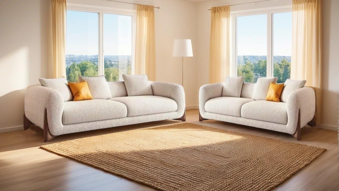 Modern Sofa Chesterfield Design with Stylish Wooden Legs Bouncy Teddy Fabric Off-White Finish Sofa for Living Room, Bedroom, Hallways (3+2 Seater Off White)-image-43