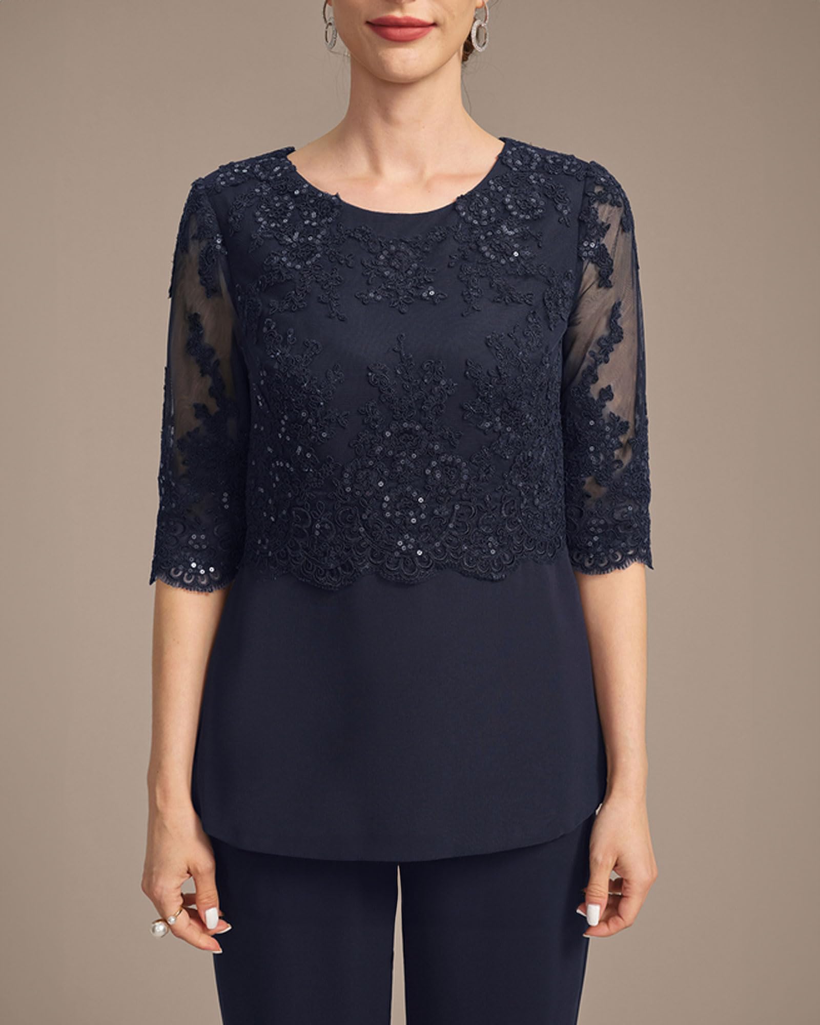 Hosenanzug Damen Festlich Elegant,Spitze 3/4 Ärmel Hosenanzug mit Jacke Damen Chiffon Sportlich Kleider für Hochzeitsgäste