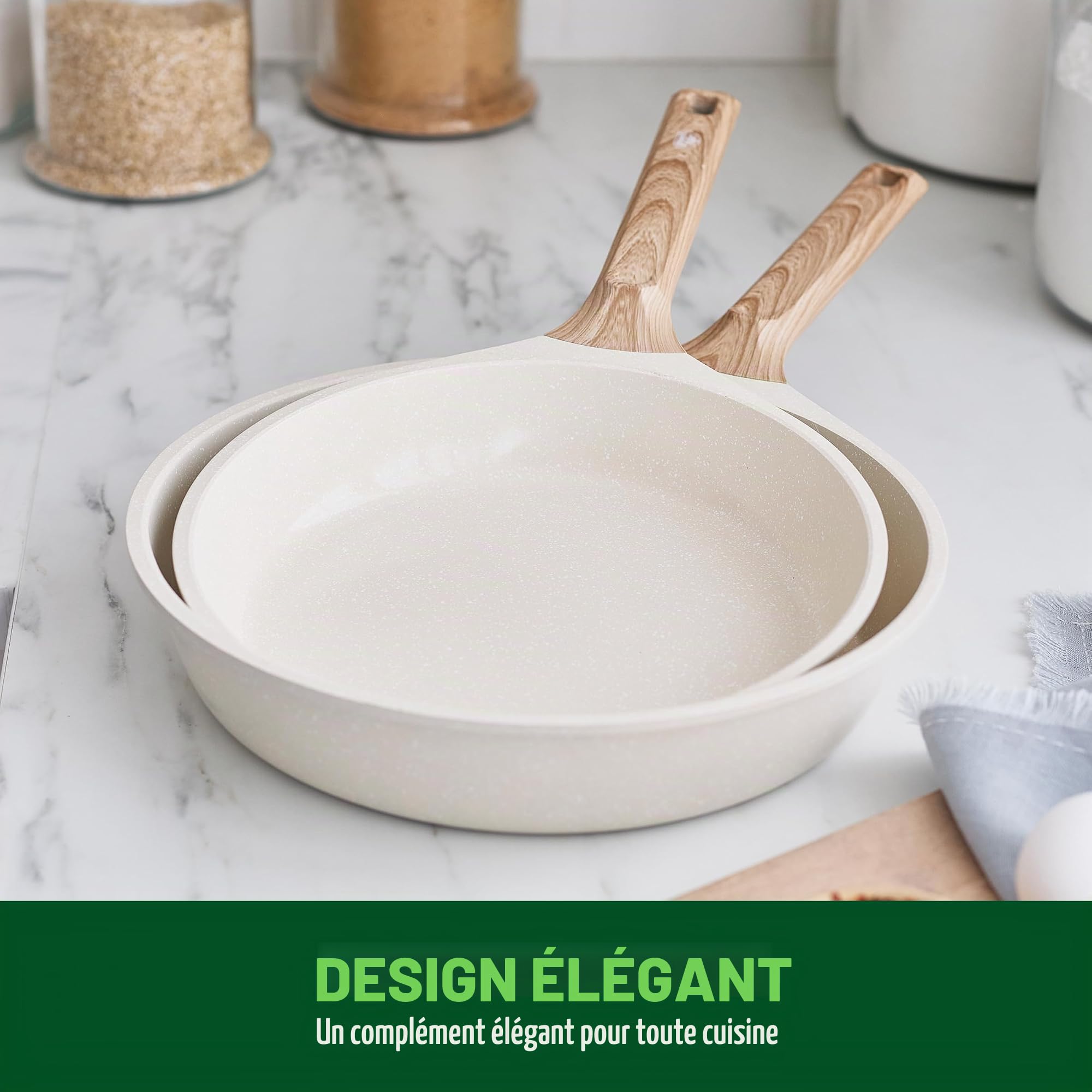 GreenChef Arte Lot de 2 poêles antiadhésives en céramique sans PFAS avec manche en bois Crème 24 cm et 28 cm