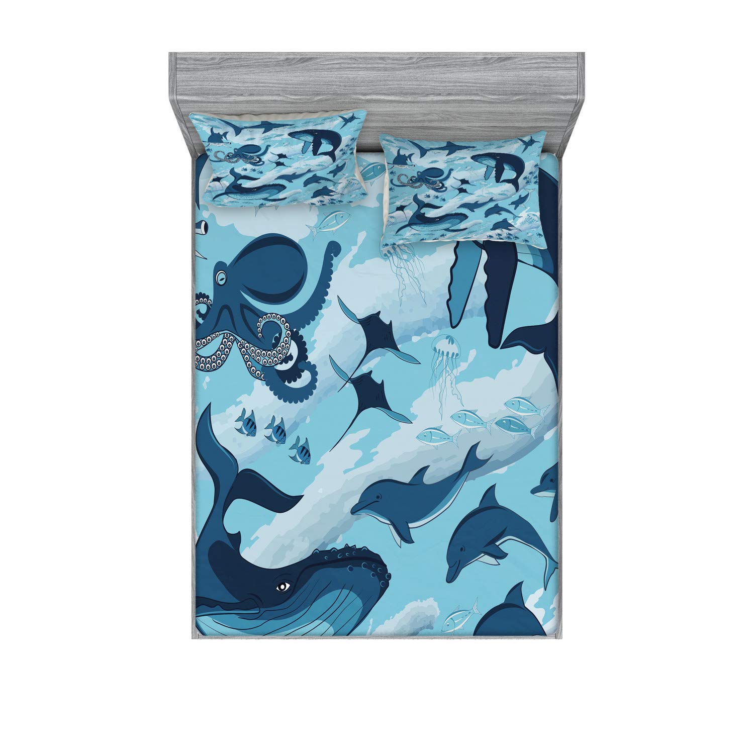 Ambesonne Shark Fitted Sheet & Pillow Sham Set, Inhabitants of Ocean Mammals Whales Dolphins Octopus Jellyfish Starfish Waves Image, Decorative Printed 3 Piece Bedding Decor Set, Calking, Royal Blue