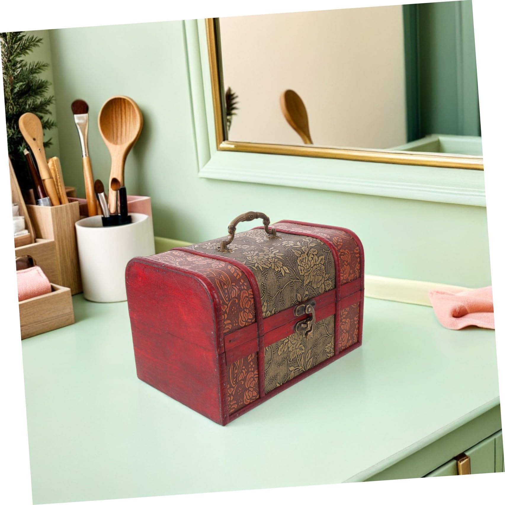 jojofuny Antique Wooden Jewelry Box Large Retro Treasure Chest with Lock for Storing Rings Necklaces Earrings Decorative Storage Organizer for Women