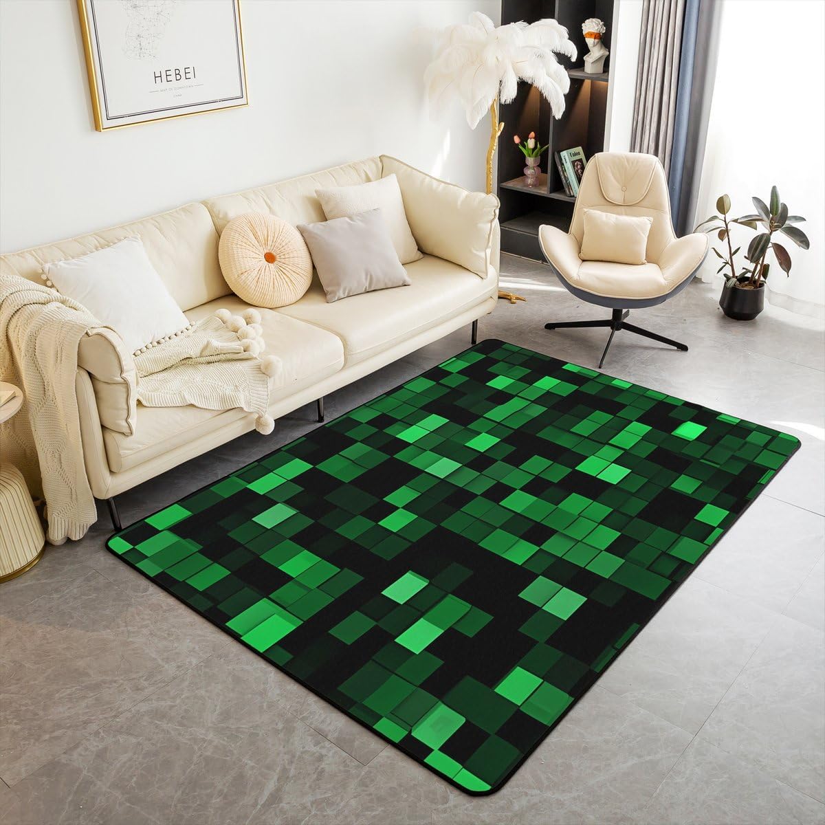 Manfei Pixelated Miners Game Kids Area Rug,Geometric Check Video Games Indoor Floor Mat Entrance Rug for Girls Boys,Gamepad Camo Grid Non Slip Rug,Black Green Couch Living Room Decor,3'x5'