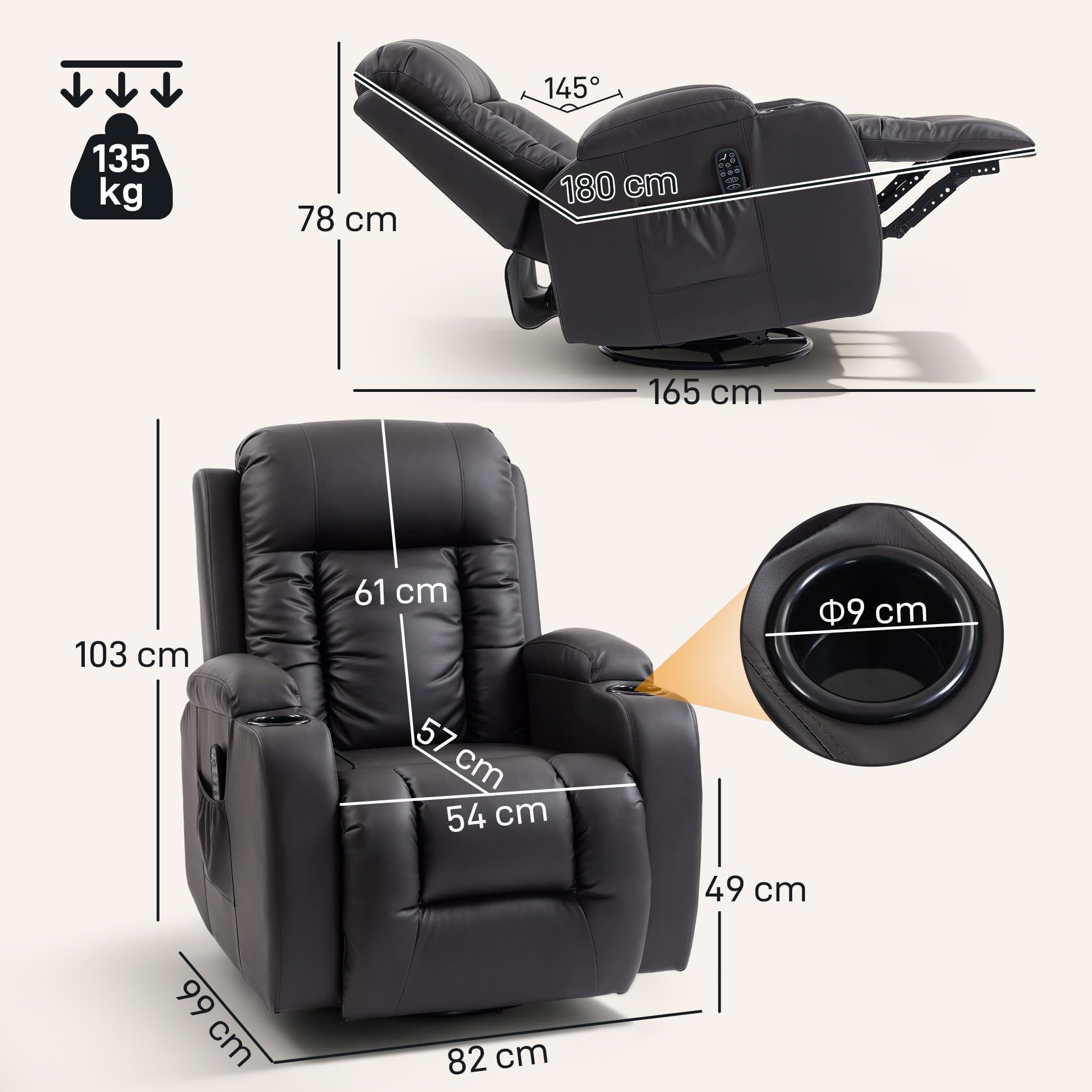 HOMCOM Sillón reclinable Ajustable con calefacción, Marrón Oscuro | Sillón de masaje, TV giratorio con mecedora, portavasos, bolsillo, temporizador, cuero sintético, para salón