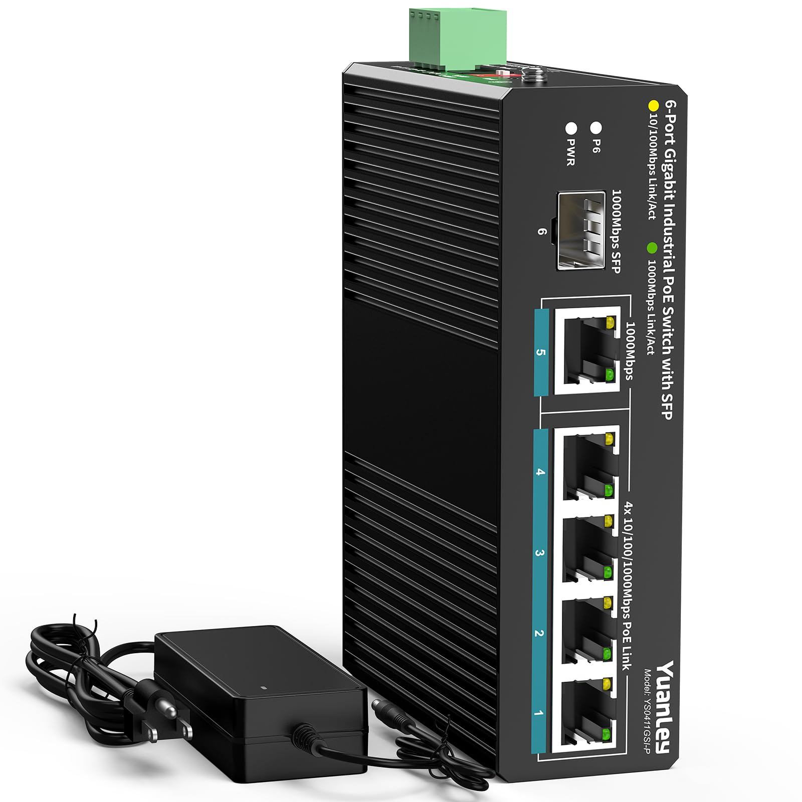 YuanLey 6 Port Industrial Switch with 4 Port PoE Gigabit, 1 1000Mbps Uplink, 1 SFP Port, Unmanaged Din-Rail PoE Switch with 66.25W Power Adapter, Support IEEE802.3af/at, VLAN & Loop
