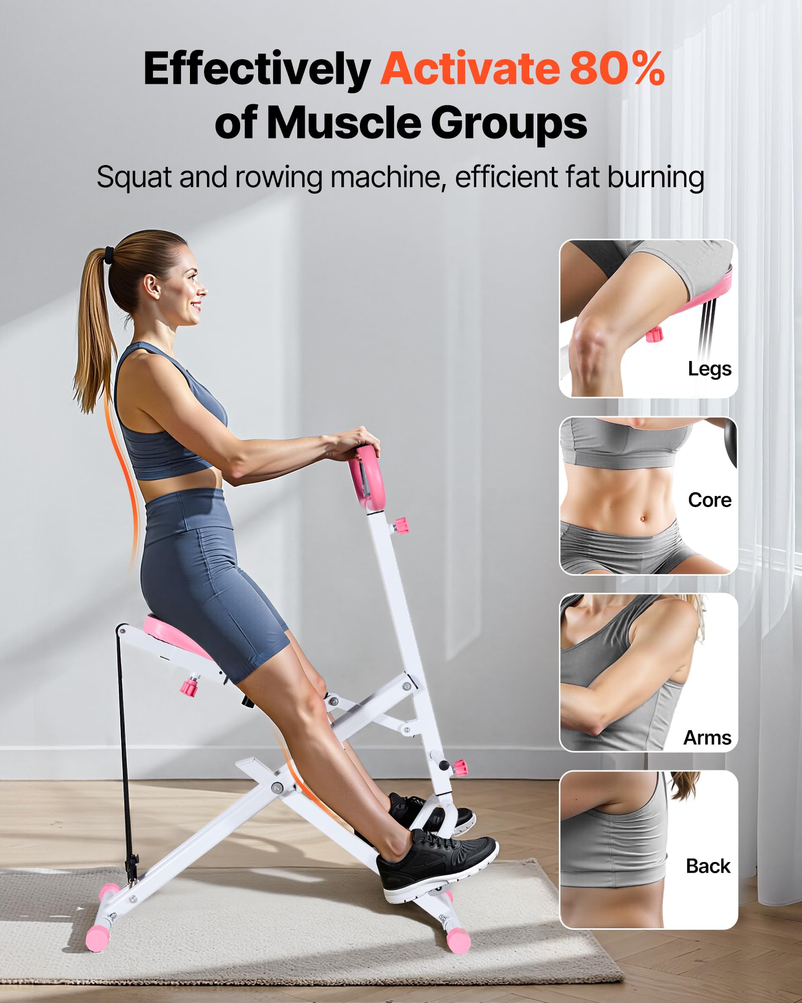 VEVOR Machine à Squats Domestique, Rameur Vertical Pliable pour Squats Profonds, Appareil d'Entraînement des Fessiers et des Jambes, avec 3 Bandes de Résistance, pour Fitness Domicile, Blanc