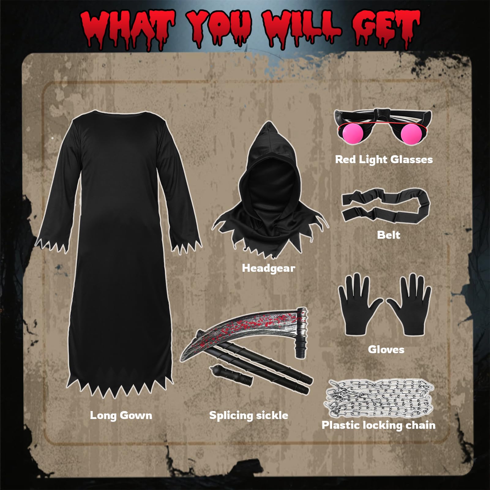 SERTAS Grim Reaper Halloween Costume with Glowing Red Eyes for Kids Boys 7 Pcs Halloween Grim Reaper Costume Set including Glasses Scythe Chain Belt (A - Image 3