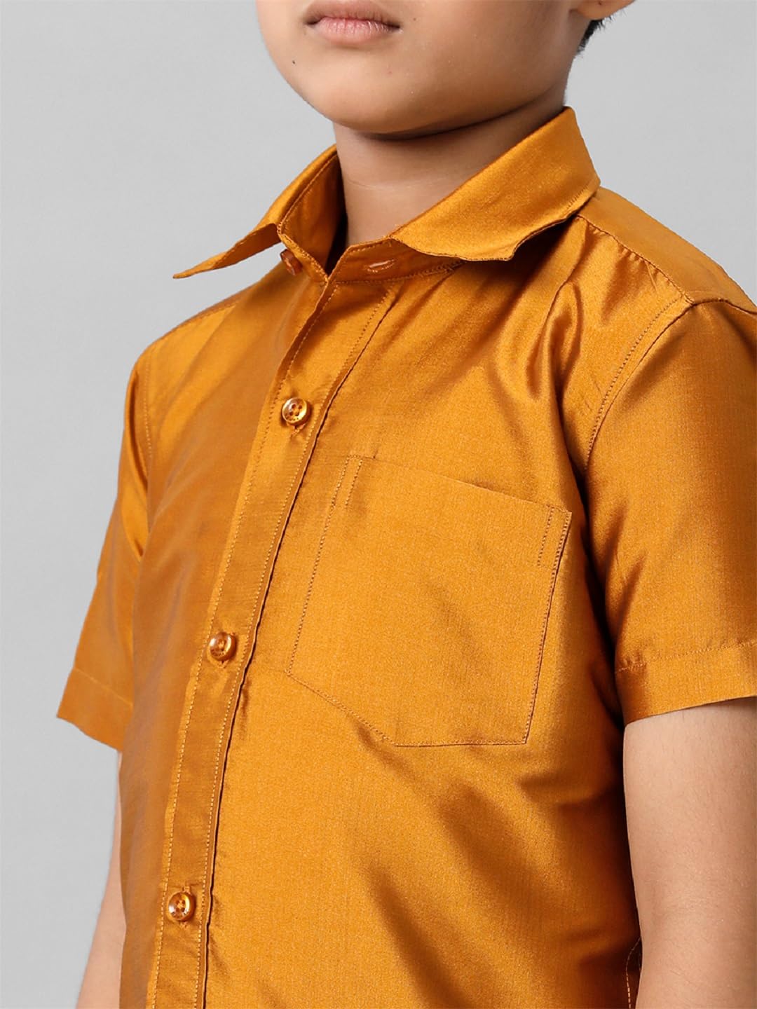 RAMRAJ COTTON Boys Slik Blend Mustard Solid Half Sleeve Shirt with Chest Pocket (Mustard ; 15-16 Years) - Image 3 thumbnail