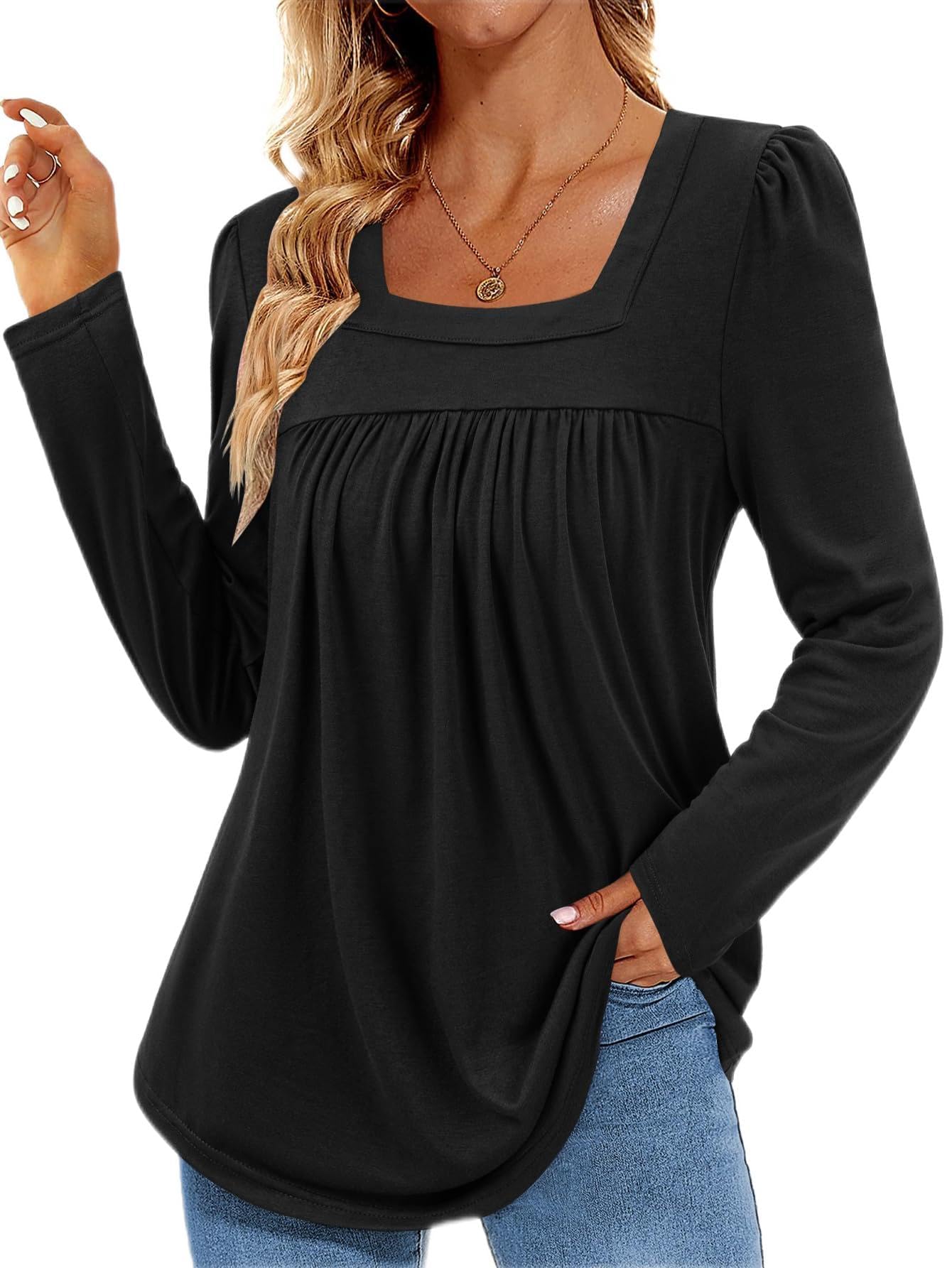 BIUBIUWomen's 2023 Casual Tunic Tops for Leggings Long Sleeve Shirts Square Neck Loose Blouse Tee