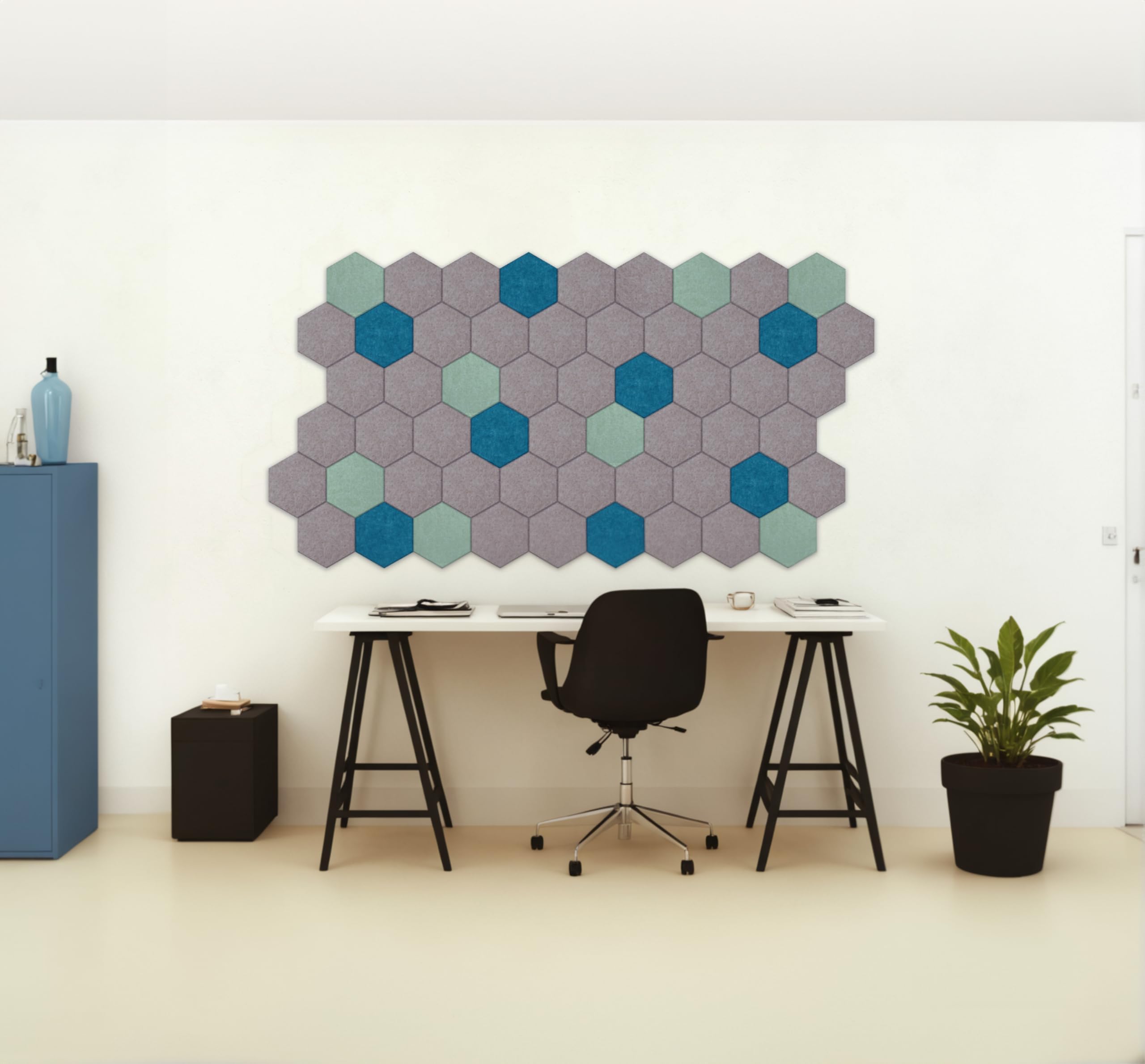 Acoustic.ae Hexa Pale Green Rock – Pack of 7 PET acoustic panels (255 X 295 X 12 MM). Acoustic treatment for walls in Home and Offices. A product made in UAE.