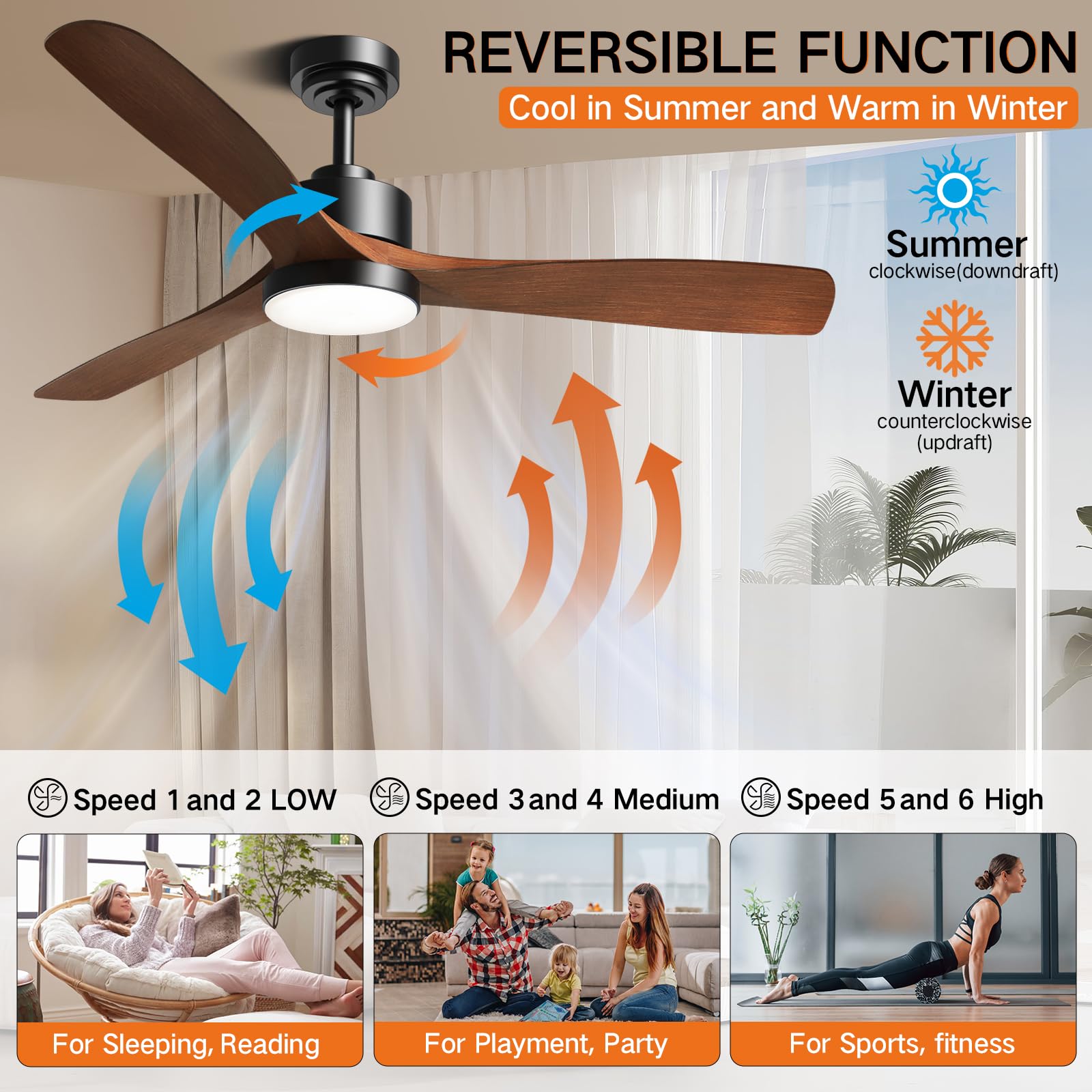 OUTON 52" Ceiling Fan with Lights Remote Control, Outdoor Fans for Patios, Noiseless Reversible