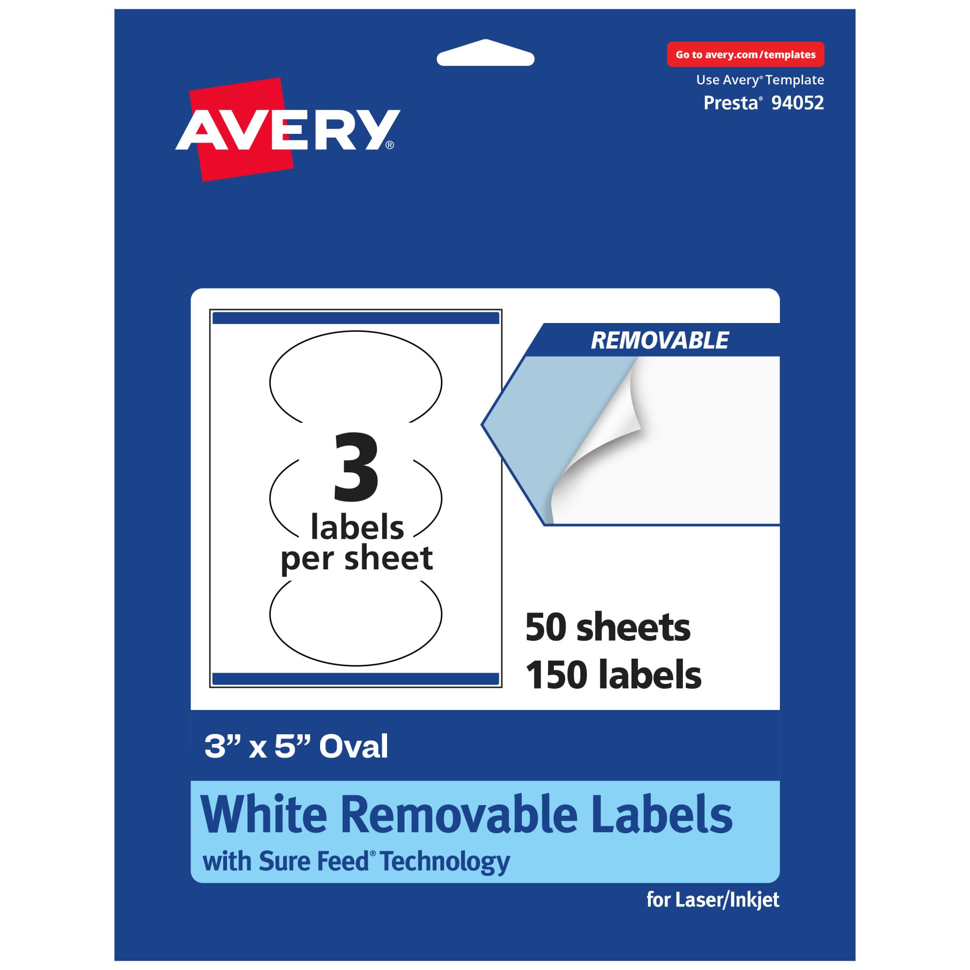Avery Matte White Removable Oval Labels, Sure Feed Technology, Print-to-The-Edge, 3" x 5", 150 Removable Labels, Laser/Inkjet Printable