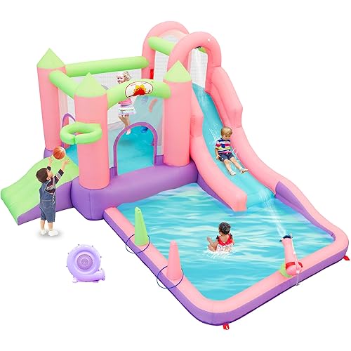 WELLFUNTIME Inflatable Water Slide and Water Park with Blower, 9 in 1 Bounce House Bouncy Castle for Kids Aged 3-6, Splashing Pool, Basketball Hoop, Water Cannon for Backyard