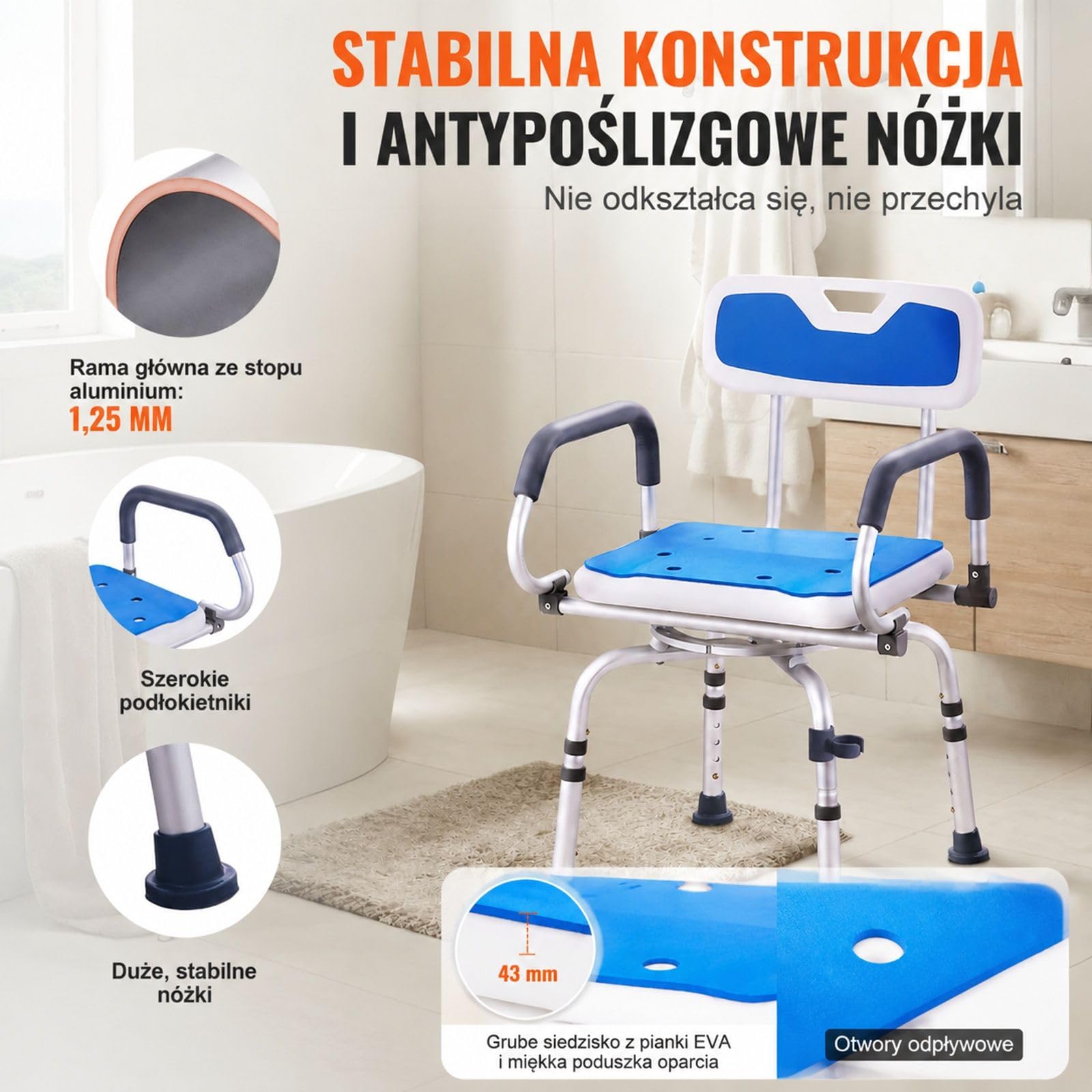 Obrotowy fotel prysznicowy z regulacją 360 stopni i obrotowymi podłokietnikami do pryszniców wewnętrznych i wanien, antypoślizgowy obrotowy fotel prysznicowy do wanny dla osób starszych