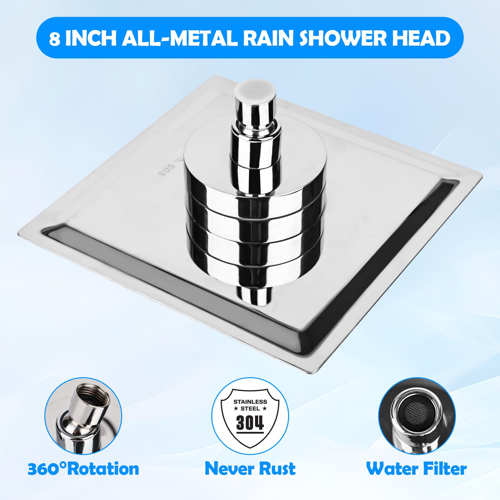Filtered Shower Head 8″ Square, High Pressure Showerhead, Waterfall Filter Showerhead, Water Saving Rainfall Shower Head - Image 2