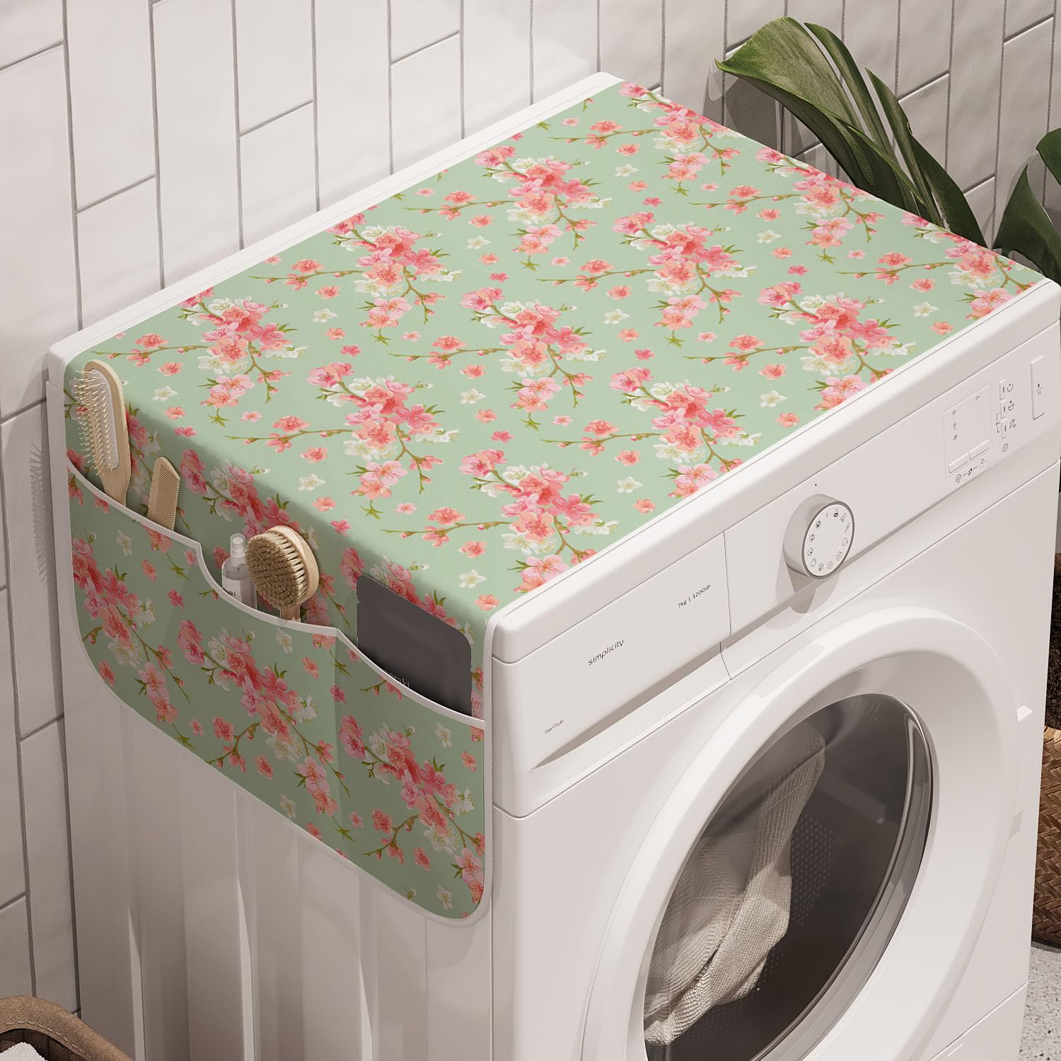 Ambesonne Shabby Flora Washing Machine Organizer Pack of 2, Retro Spring Blossom Flowers French Garden Florets Garland Artisan Image, Anti-Slip Cover