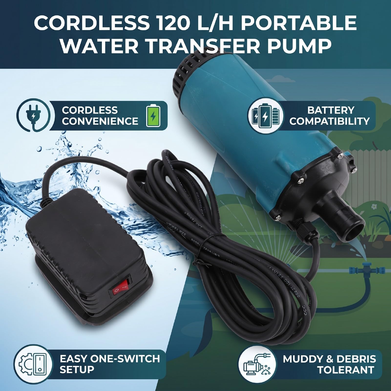 Pompa Sommergibile Senza Fili, Pompa di Trasferimento Portatile da 120 L/h con Custodia Protettiva per Batteria, per Drenaggio Piscina Seminterrato Laghetto da Giardino, Adatta