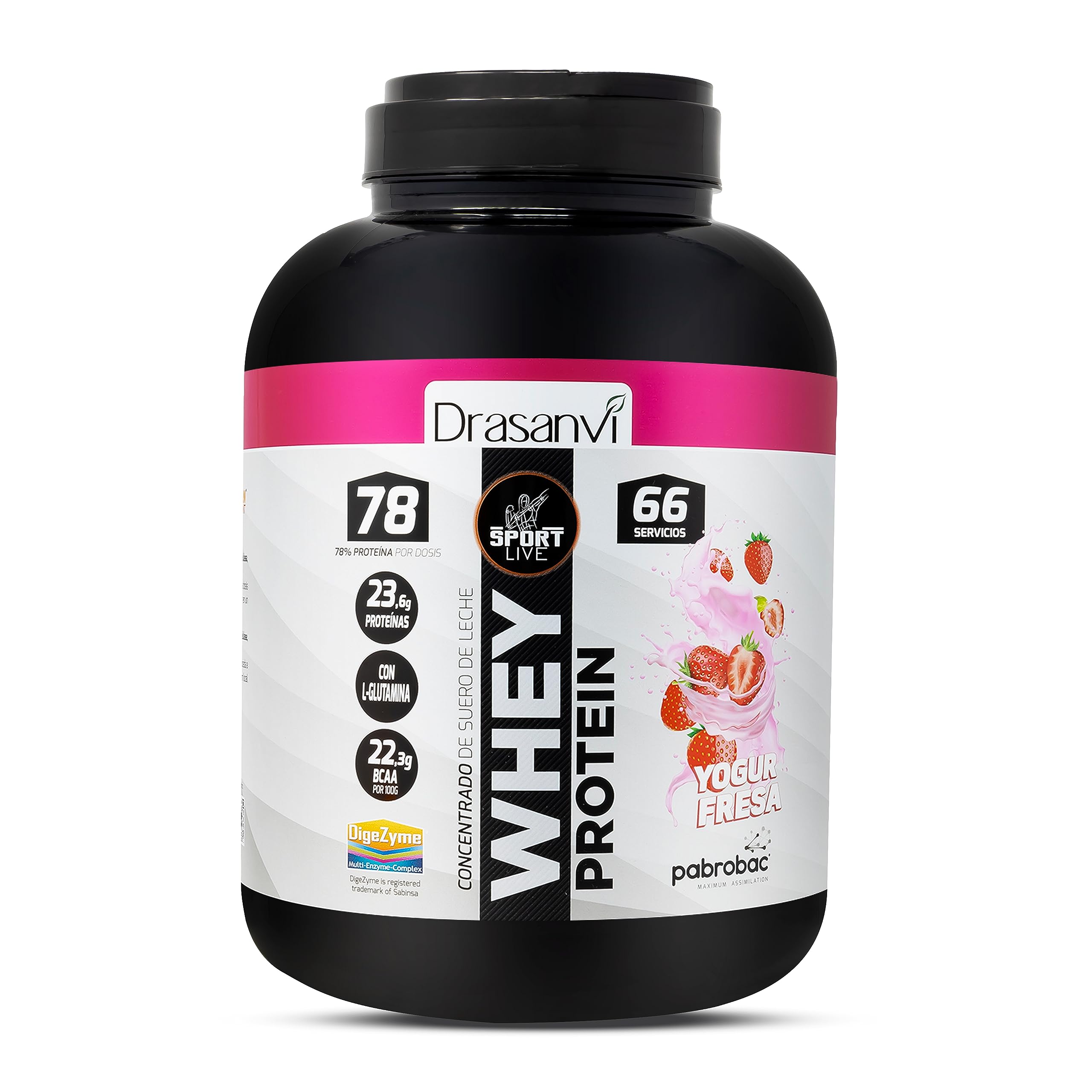 SPORT LIVE Concentrado de proteinas de suero de leche | Whey Protein en polvo con L-Glutamina y L-Leucina | Ayuda a aumentar tu masa muscular | Mejora tus batidos |Yogur-Fresa | 2 KG