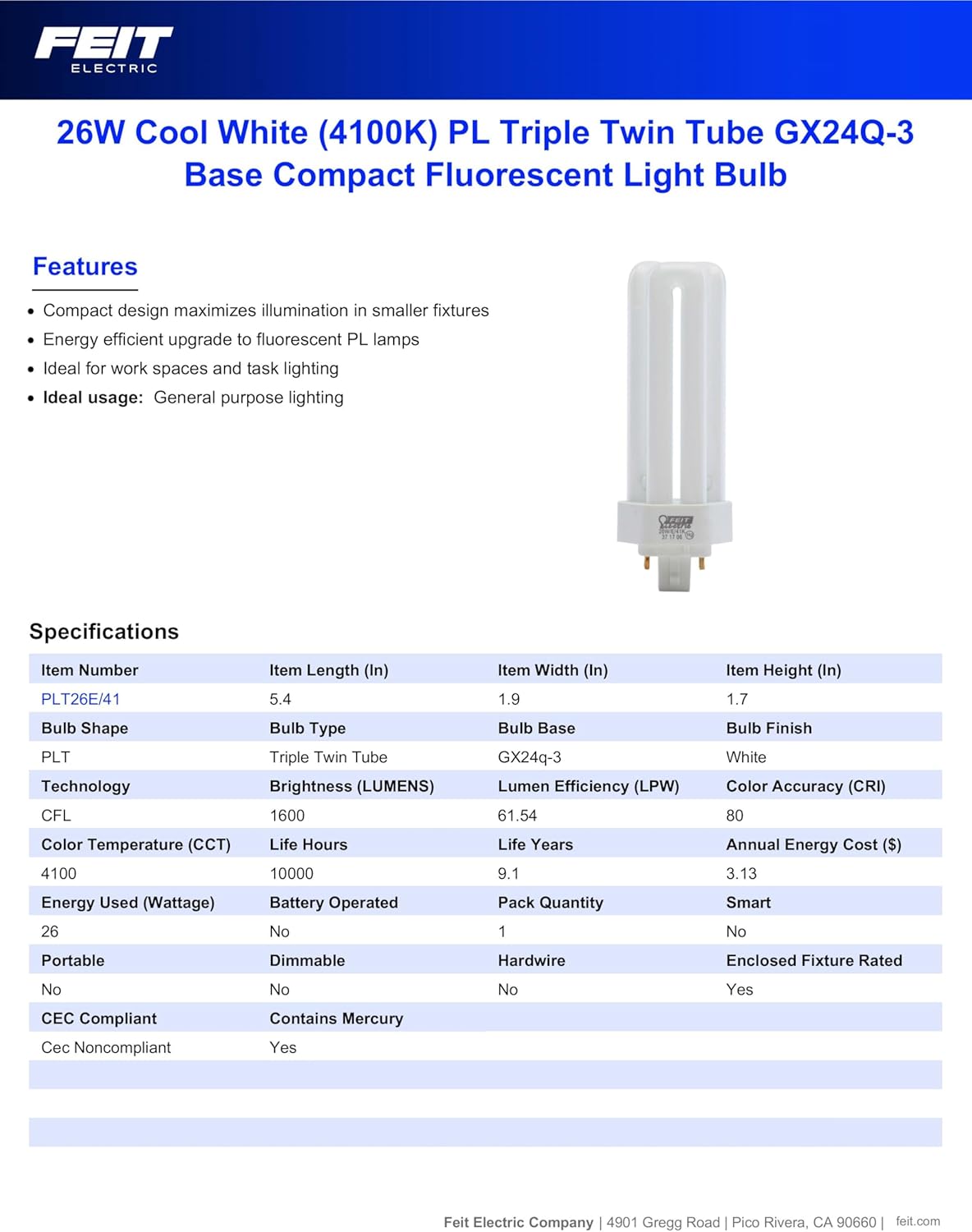 Feit Electric PLT26E/41 Specifications Table