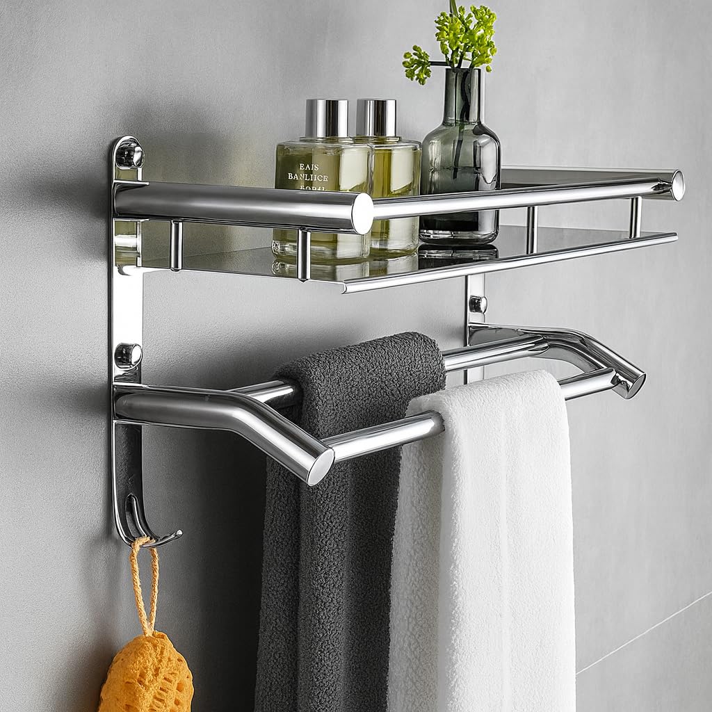 RISVA Single Layer Stainless Steel Shelf Rack with Towel Rod for Bathroom | Wall Mount Multipurpose Bath Shelf Organizer | Rust-Proof Storage for Toiletries & Towels (Pack of 1)-image-40
