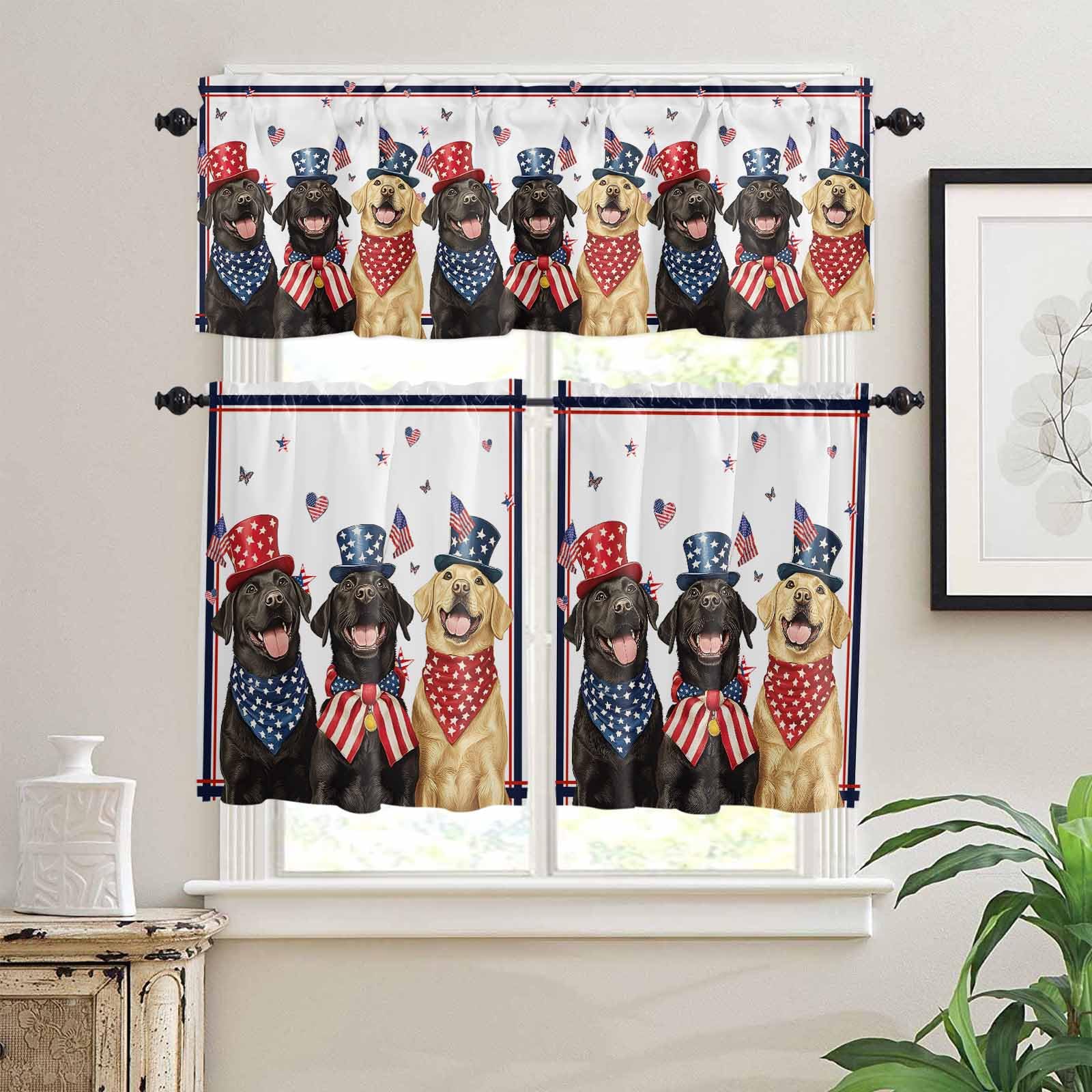 4th of July Kitchen Curtains 24 Inch Length,3 Piece Rod Pocket Small Half Tiers and Valance Set,Independence Day Black Yellow Dogs American Flag Small Large Window Treatment Decor for Bathroom