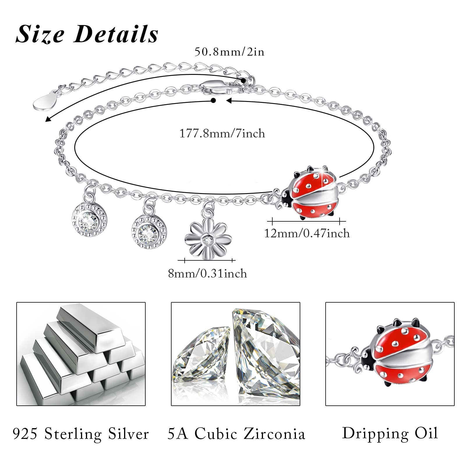 Bracciale con coccinella Regali Red Ladybug Macchie nere in argento sterling 925 Ladybug gioielli per ragazze donne insetti amanti Argento