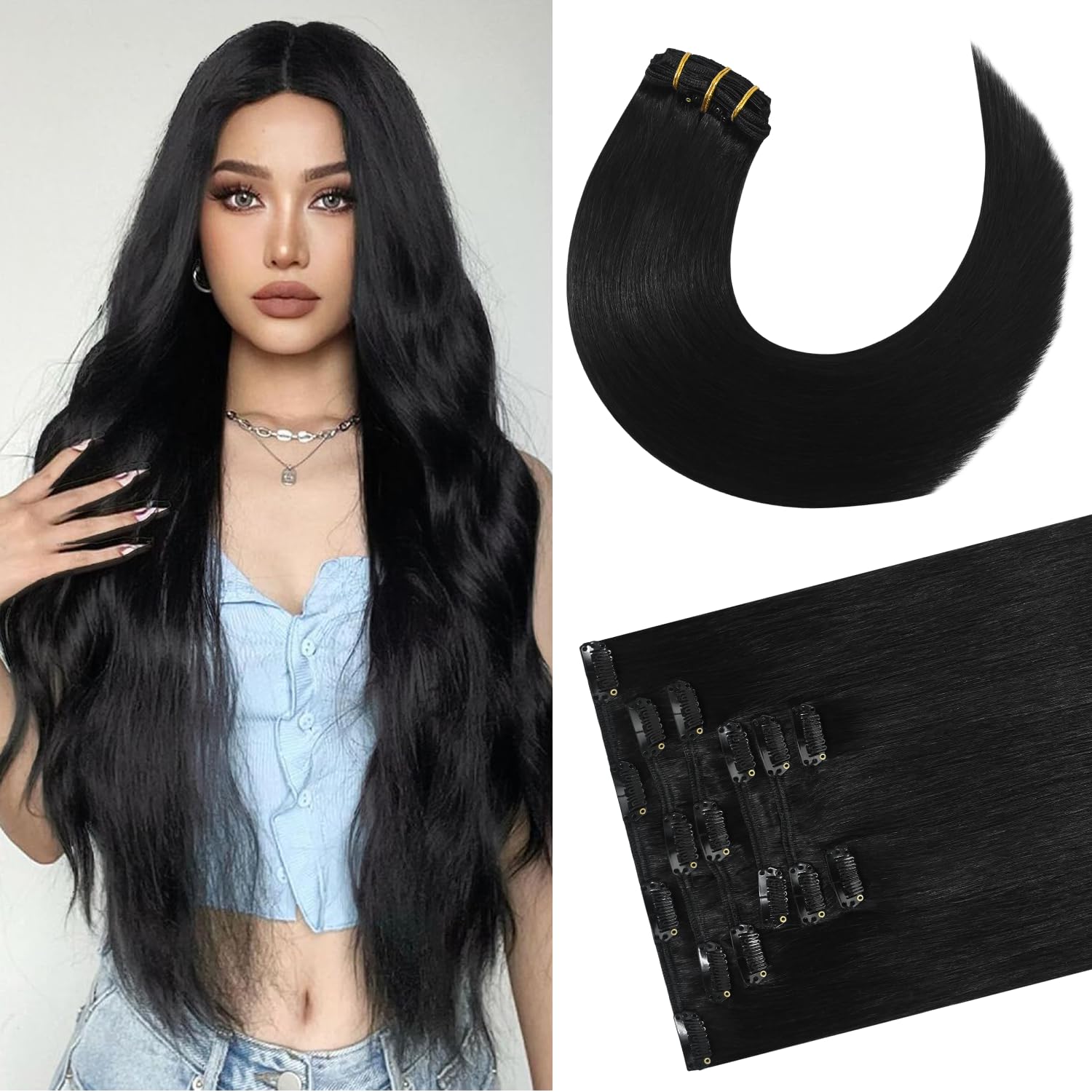 Newfeeling Black Hair Extensions Clip in Black Hair Extensions Real Human Hair 15 Inch 75g Natural Human Hair Extensions Silky Straight Remy Human