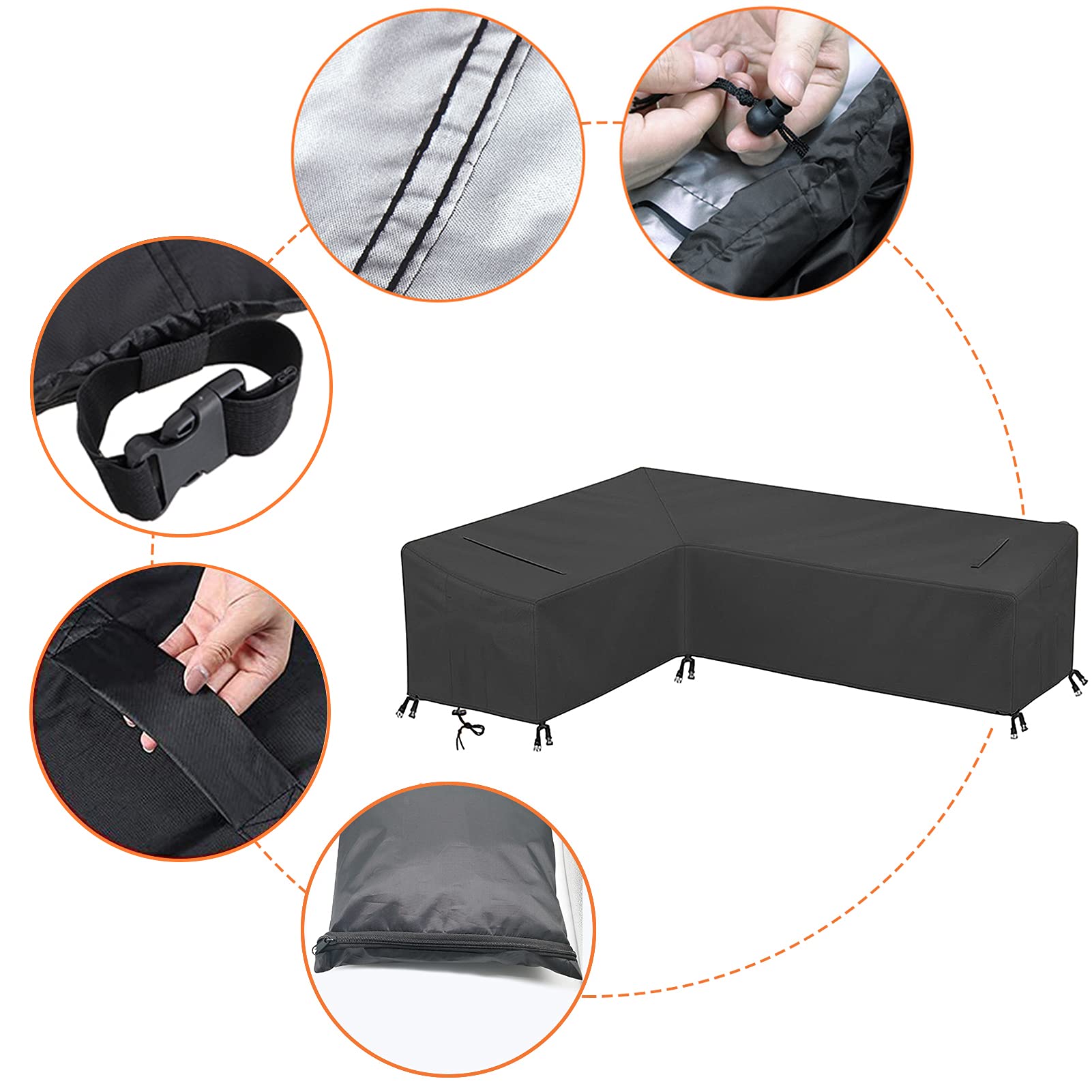 Coperture Per Divani Da Giardinoc, copertura mobili giardino,210×270×90CM 210D Poliestere Copertura di Panca Impermeabile Copridivano a forma di L Sinistra corta-destra lunga