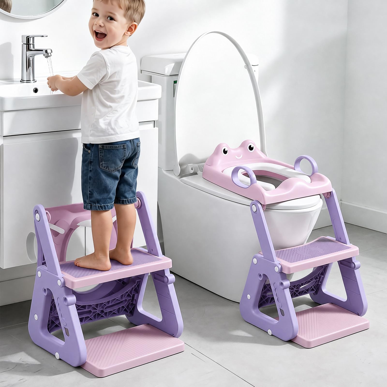 Orzbow Toilettensitz Kinder, Stabil Kinder Toilettensitz mit Treppe und Dreiecksstruktur, Verlängerter Pedal- und Spritzschutz und PVC-Polster, Rutschfest und Faltbar, Frosch