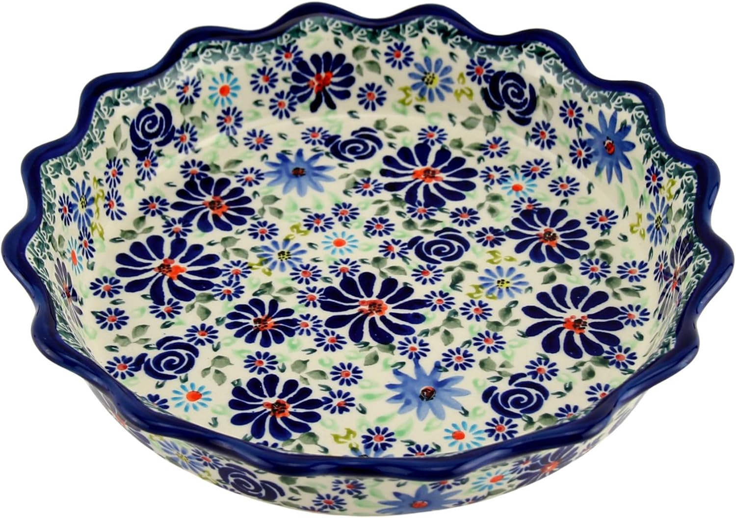 Polish Pottery Market Pie Dish/Quiche 9” Handcrafted by Zaklady Boleslawiec Poland, Ceramic Pie Plate with Ruffled Edge, Non-Stick Round Fluted Pie Dish, Tart Pan