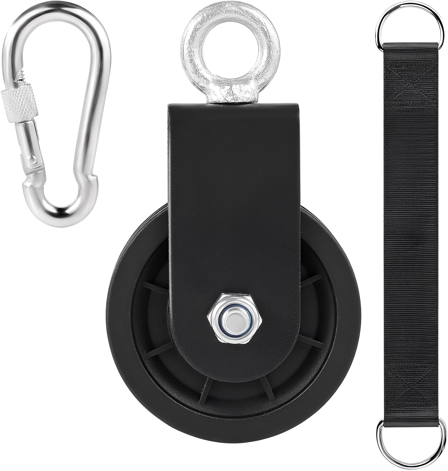 JITIFAZH 90mm Pulley System with Hanging Strap Carabiner, Gym Cable Pulley System, for DIY Home LAT Pulldown, Gym Equipment and Lift Cable Machine, Load 150 kg (1Set-Black)