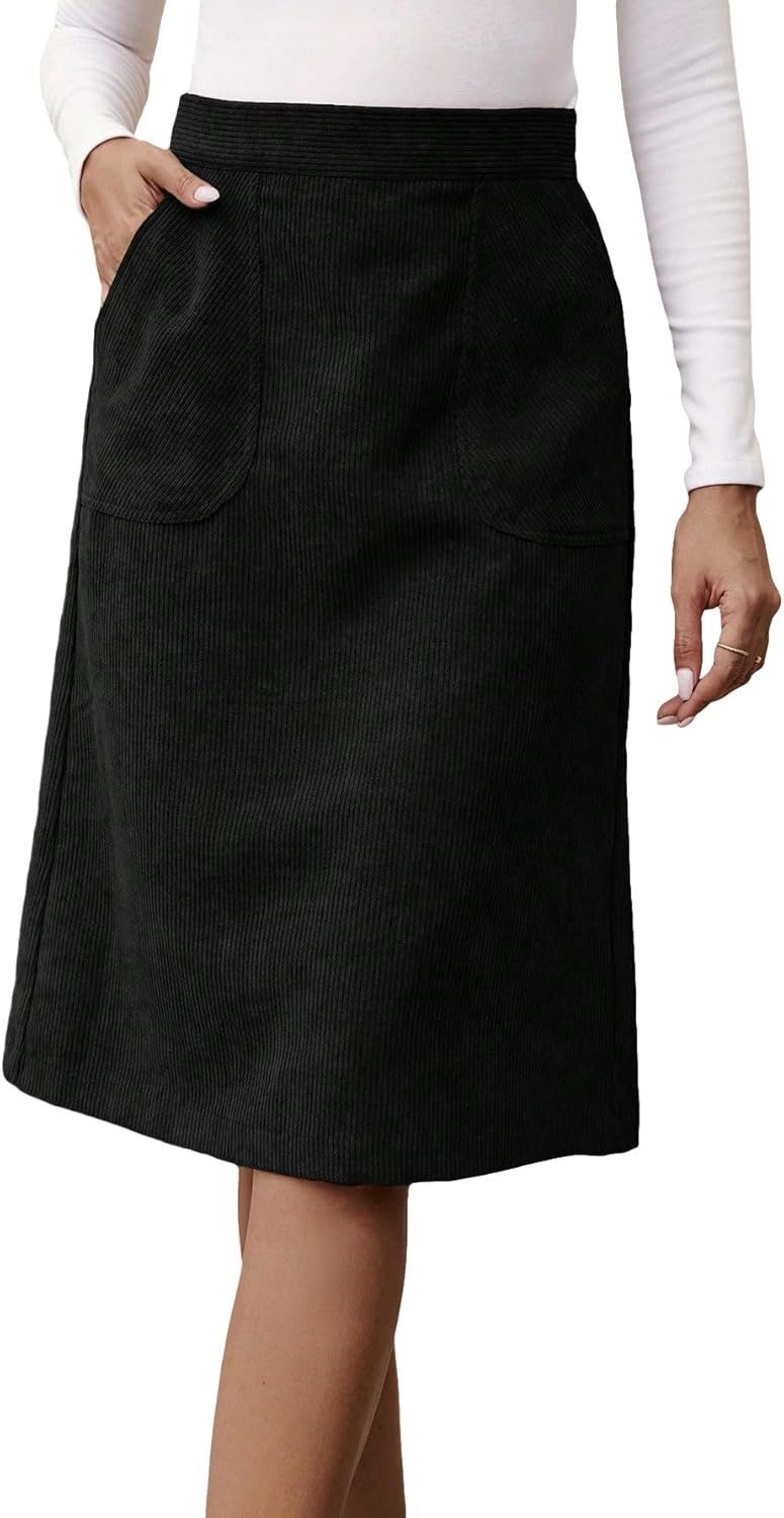 SweatyRocks Women's High Waist Straight Midi Skirt Split Hem Corduroy Skirts with Pockets - Image 4