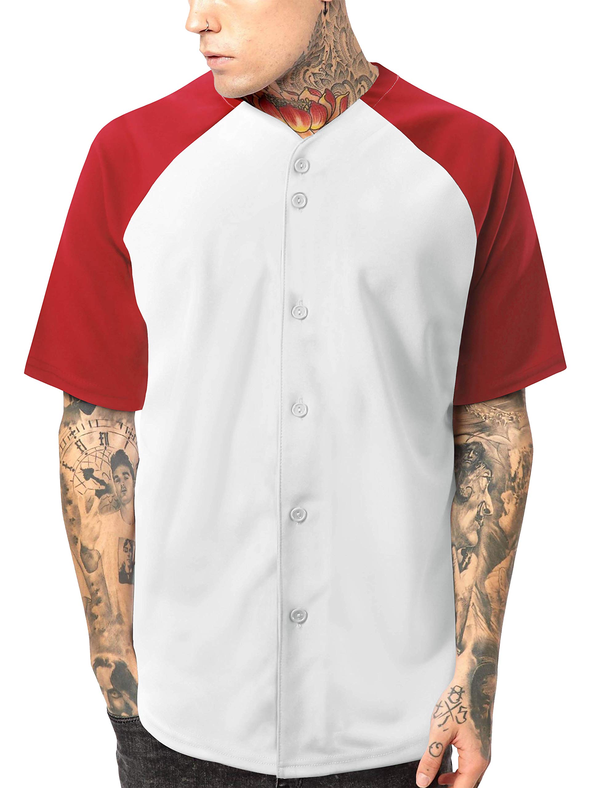 Ma Croix Premium Baseball Jersey Shirts Button Down Raglan Short Sleeve Plain Uniform (Small, 1up02_White/Red)