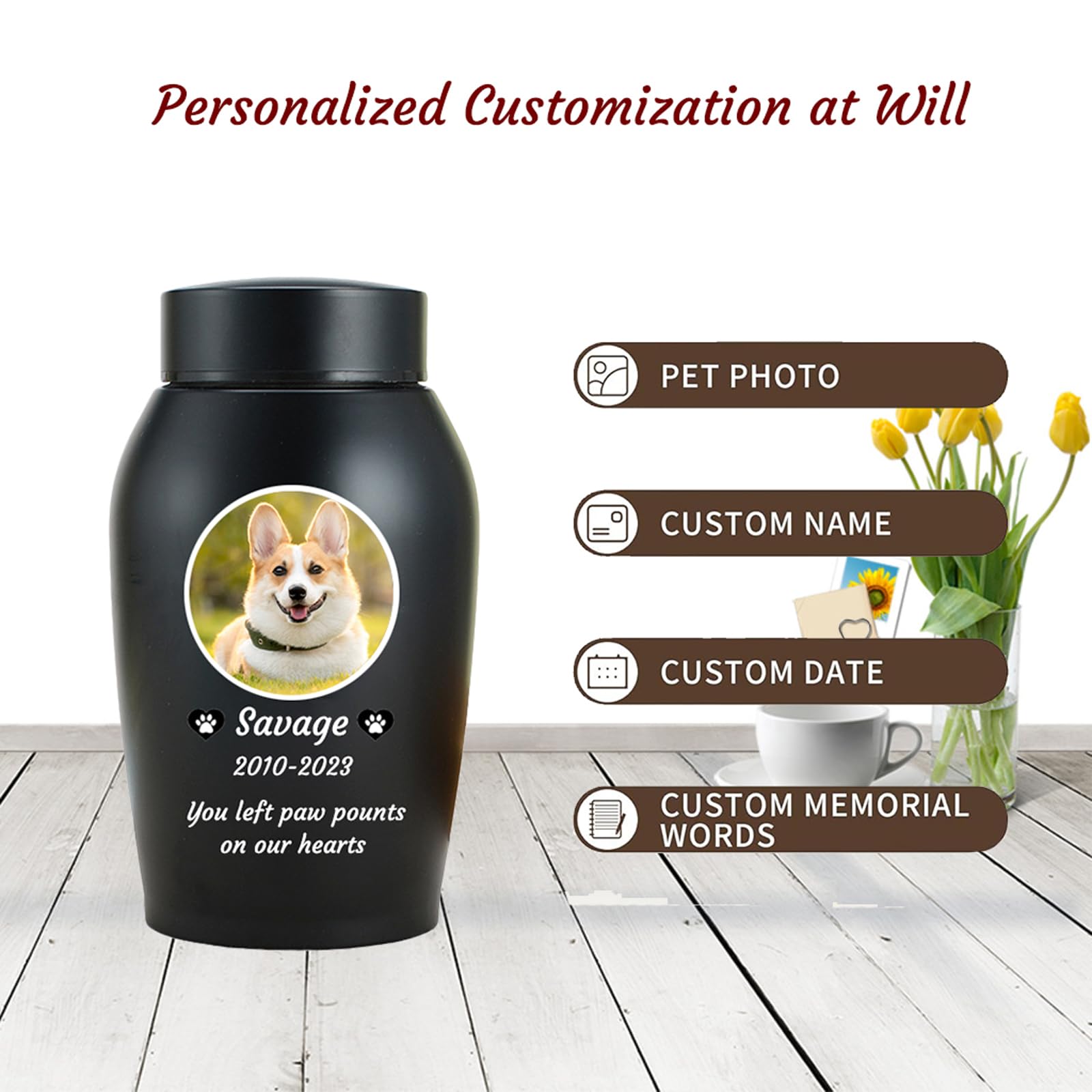 Haustier Urnen für Hunde Asche personalisiert, Hund Urnen für Asche anpassbar, Edelstahl Hund Einäscherung Urnen Hund Memorial Keepsake Urnen,Schwarz,Big