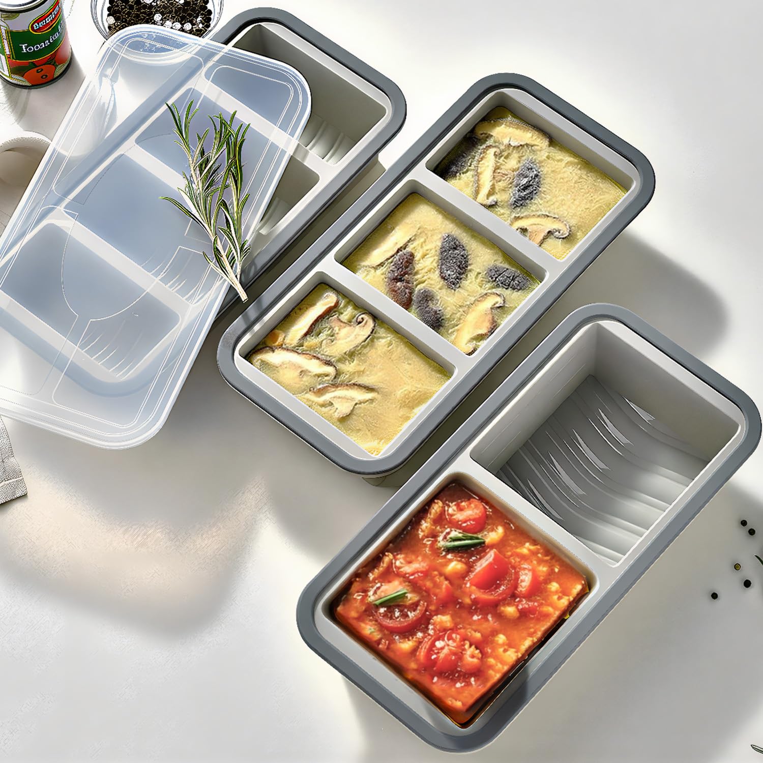 3 PACK Silicone Freezer Tray with Lids, Multi-Size Silicone Freezer Moulds, Oven Safe Dishwasher Safe, Ideal for Portioned Meal Prep, Soup, Leftovers, Sauce, Ice Cubes, Steaming Food, Baking (Grey)