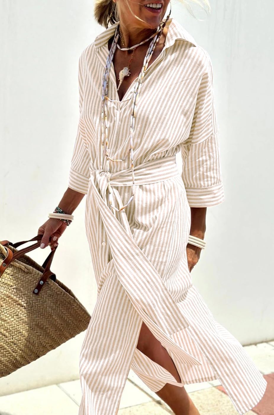 chouyatou Women's Summer 3/4 Sleeve Striped Shirt Dress Belted Maxi Long Casual Button Down Beach Dress - Image 4